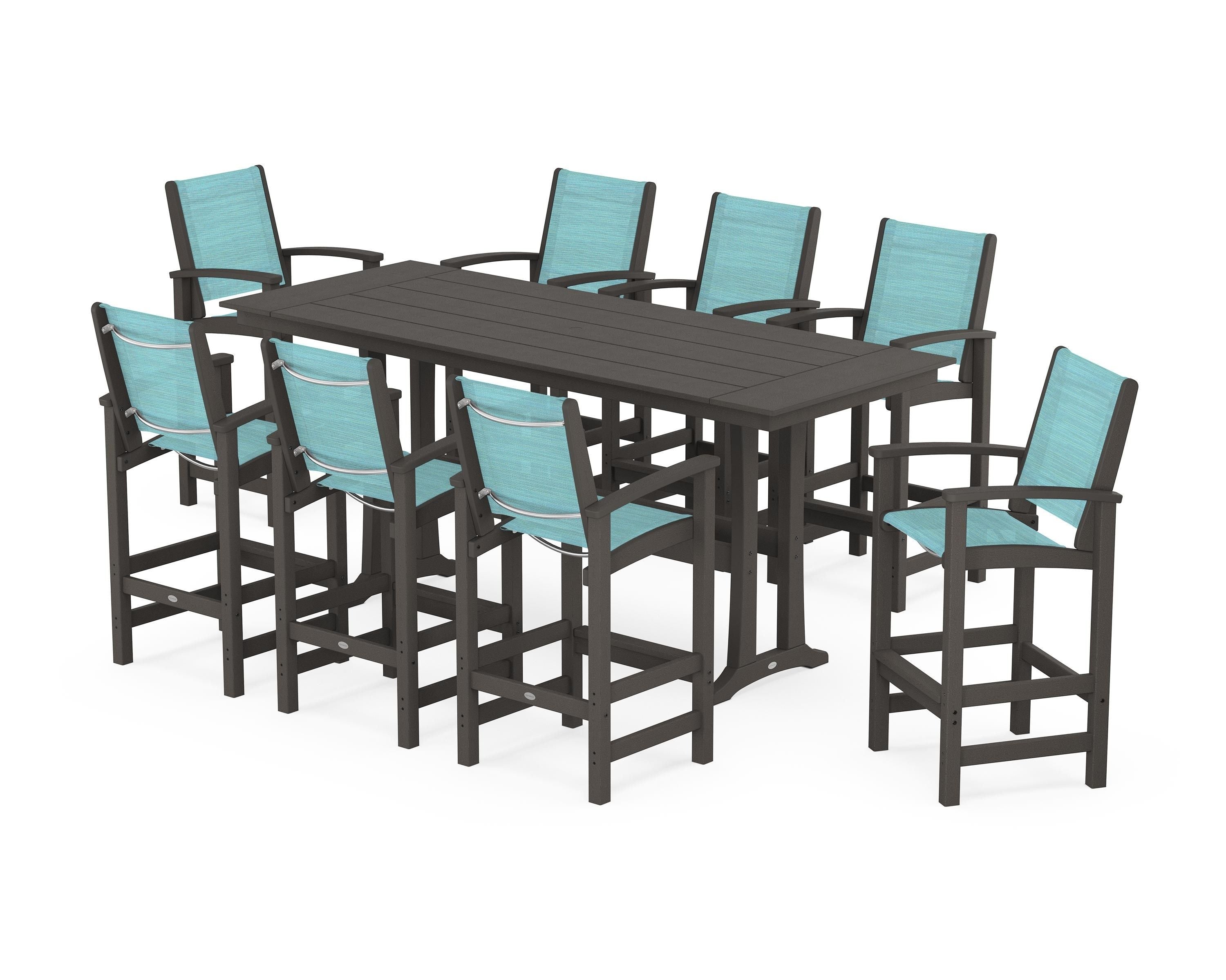 POLYWOOD Coastal 9-Piece Farmhouse Bar Set with Trestle Legs in Vintage Coffee / Dupioni Aquamarine Sling
