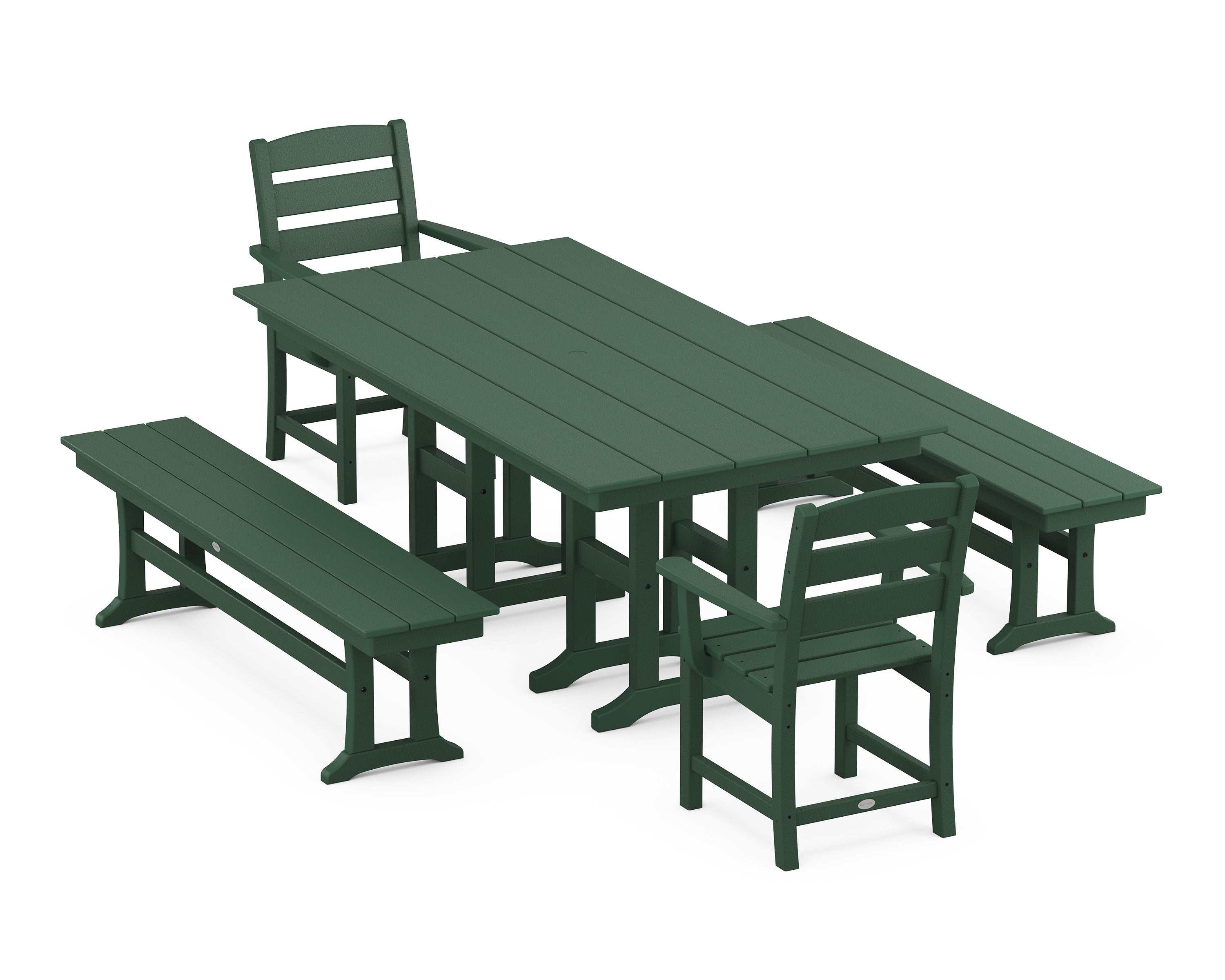 POLYWOOD® Lakeside 5-Piece Farmhouse Dining Set with Benches in Green