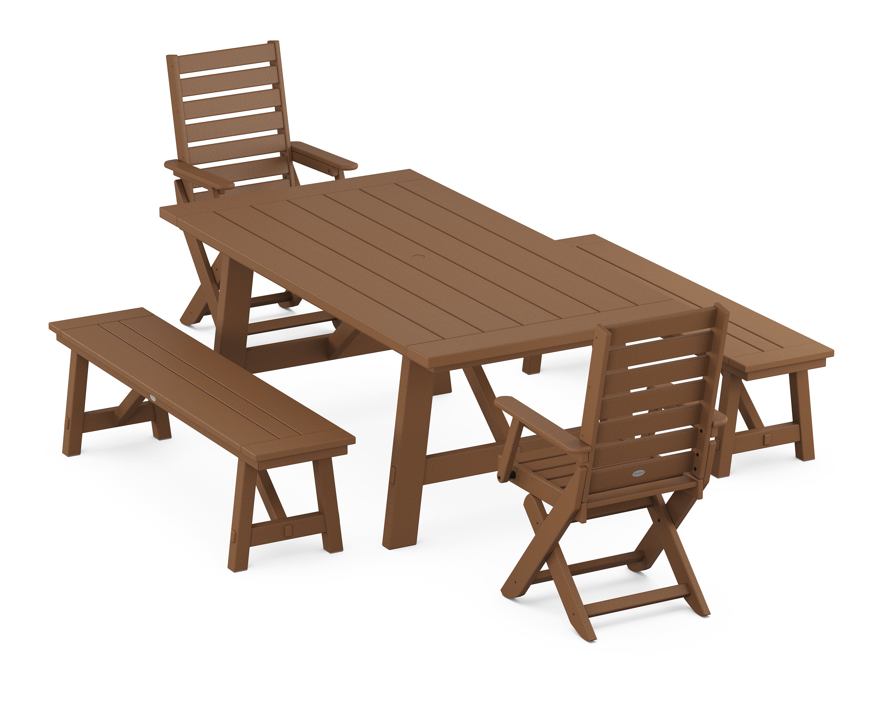 POLYWOOD Captain Folding Chair 5-Piece Rustic Farmhouse Dining Set With Benches in Teak