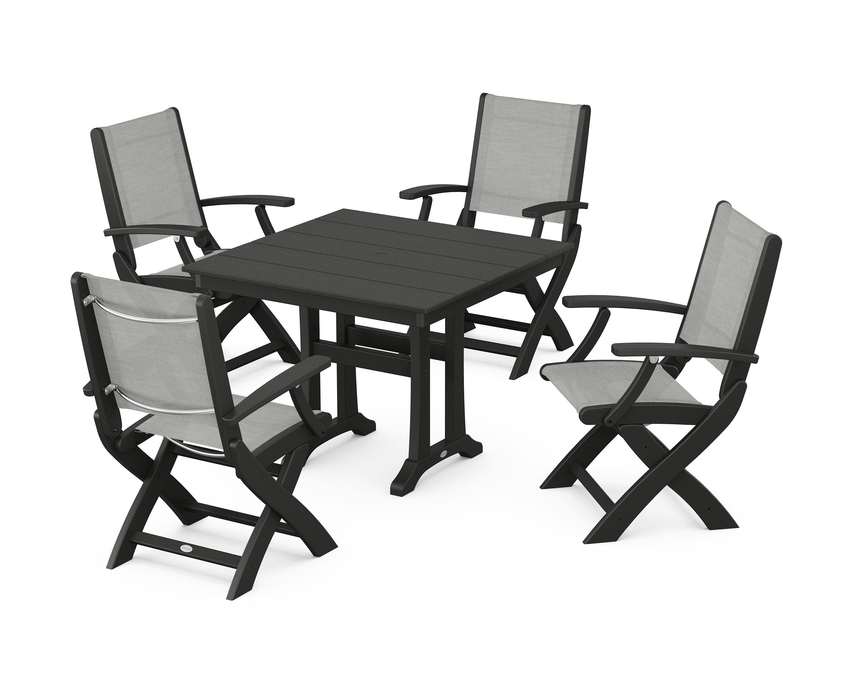 POLYWOOD Coastal Folding Chair 5-Piece Farmhouse Dining Set With Trestle Legs in Black / Metallic Sling