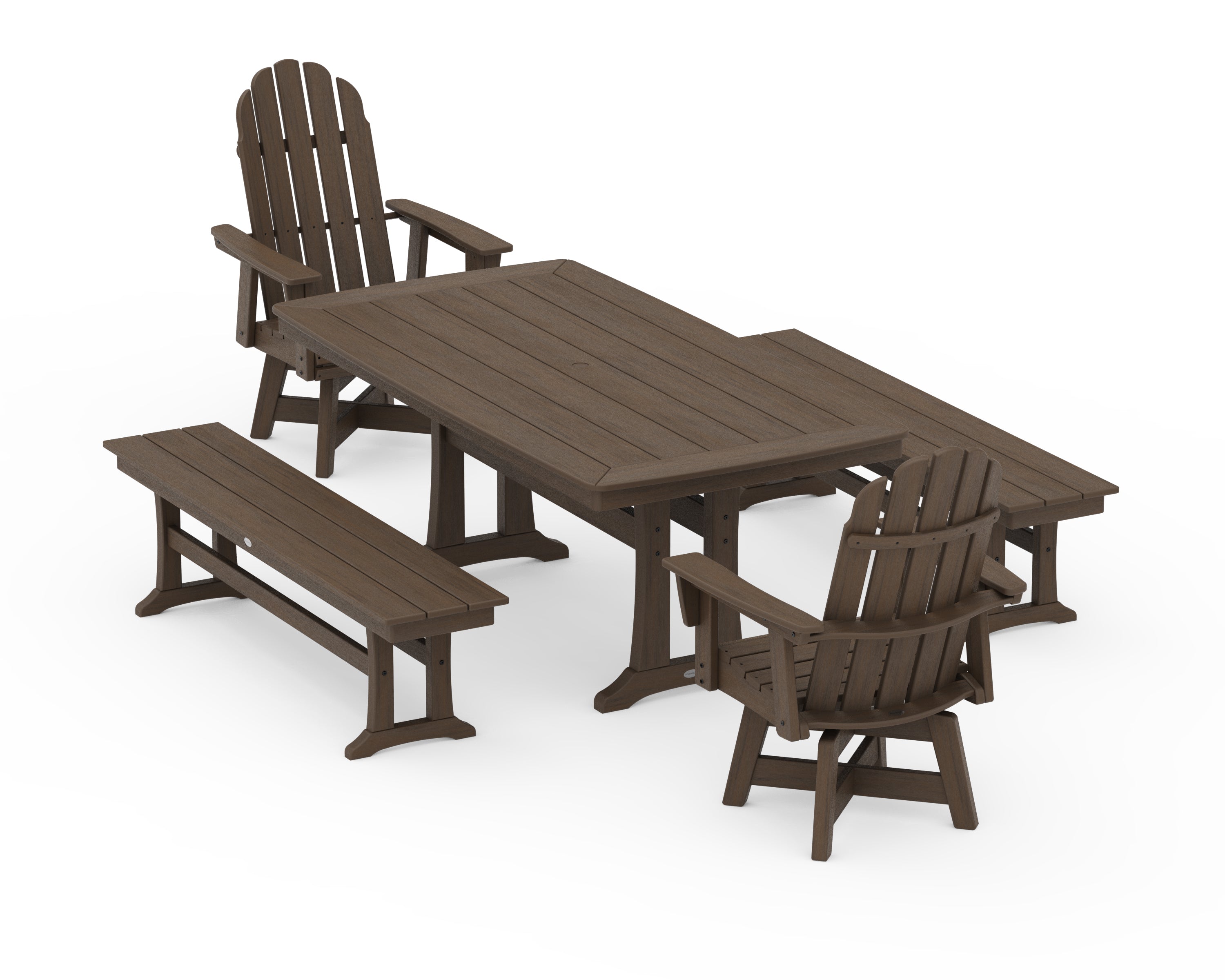 POLYWOOD Vineyard Adirondack Swivel Chair 5-Piece Dining Set with Trestle Legs and Benches in Kona