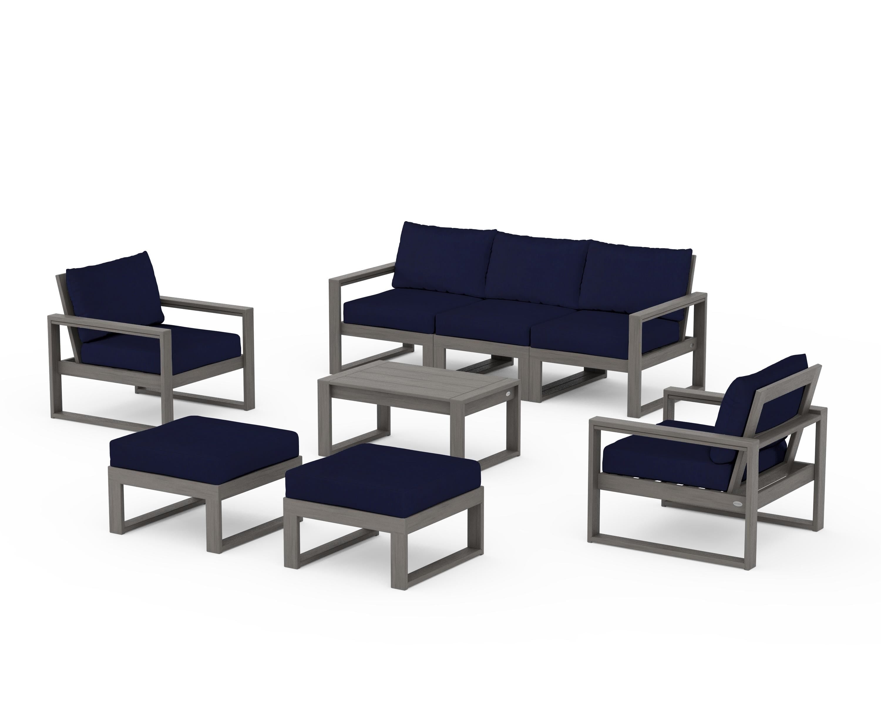 POLYWOOD EDGE Sectional 8-Piece Lounge Sofa Set in Driftwood / Navy