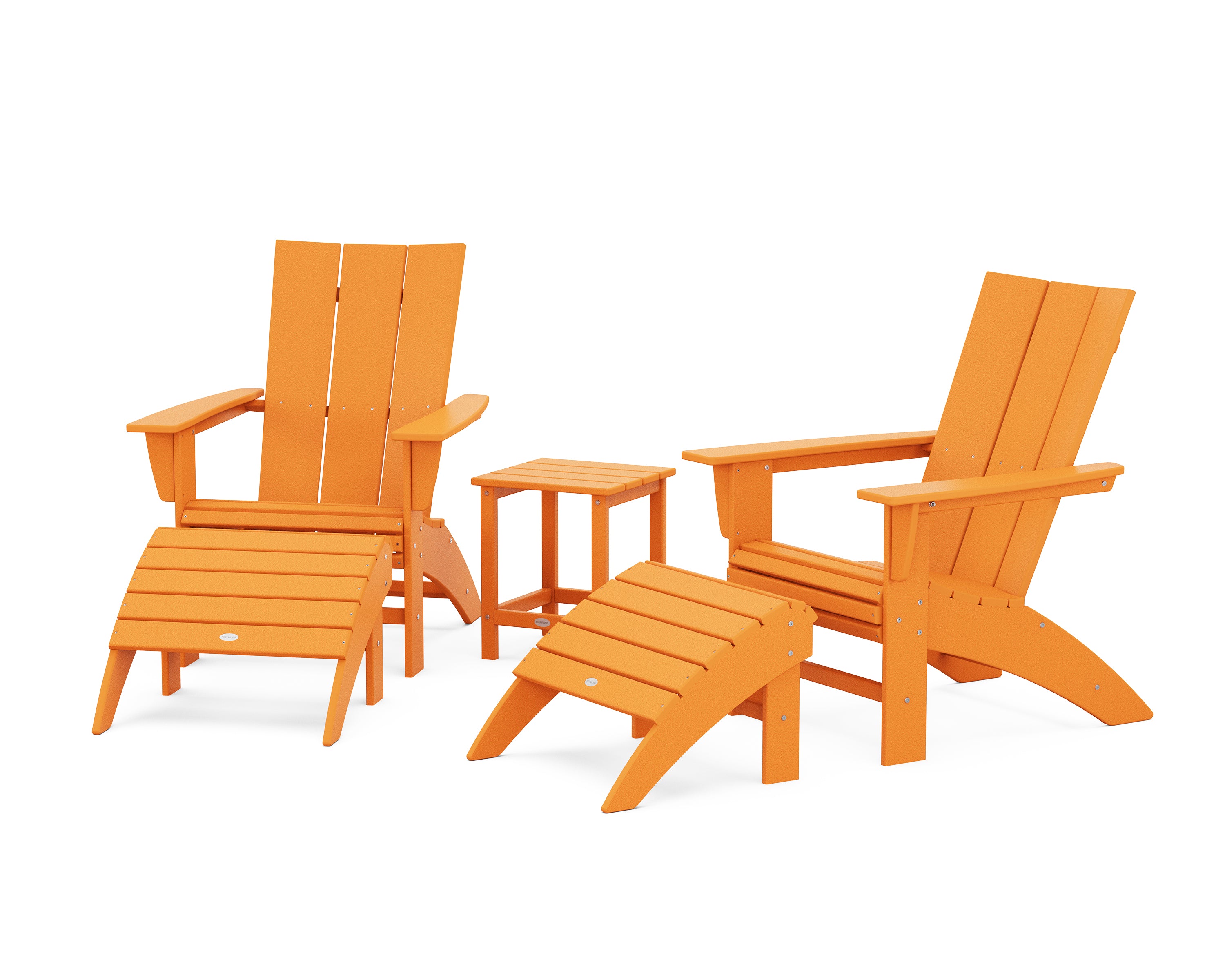 POLYWOOD® Modern Curveback Adirondack Chair 5-Piece Set with Ottomans and 18" Side Table in Tangerine