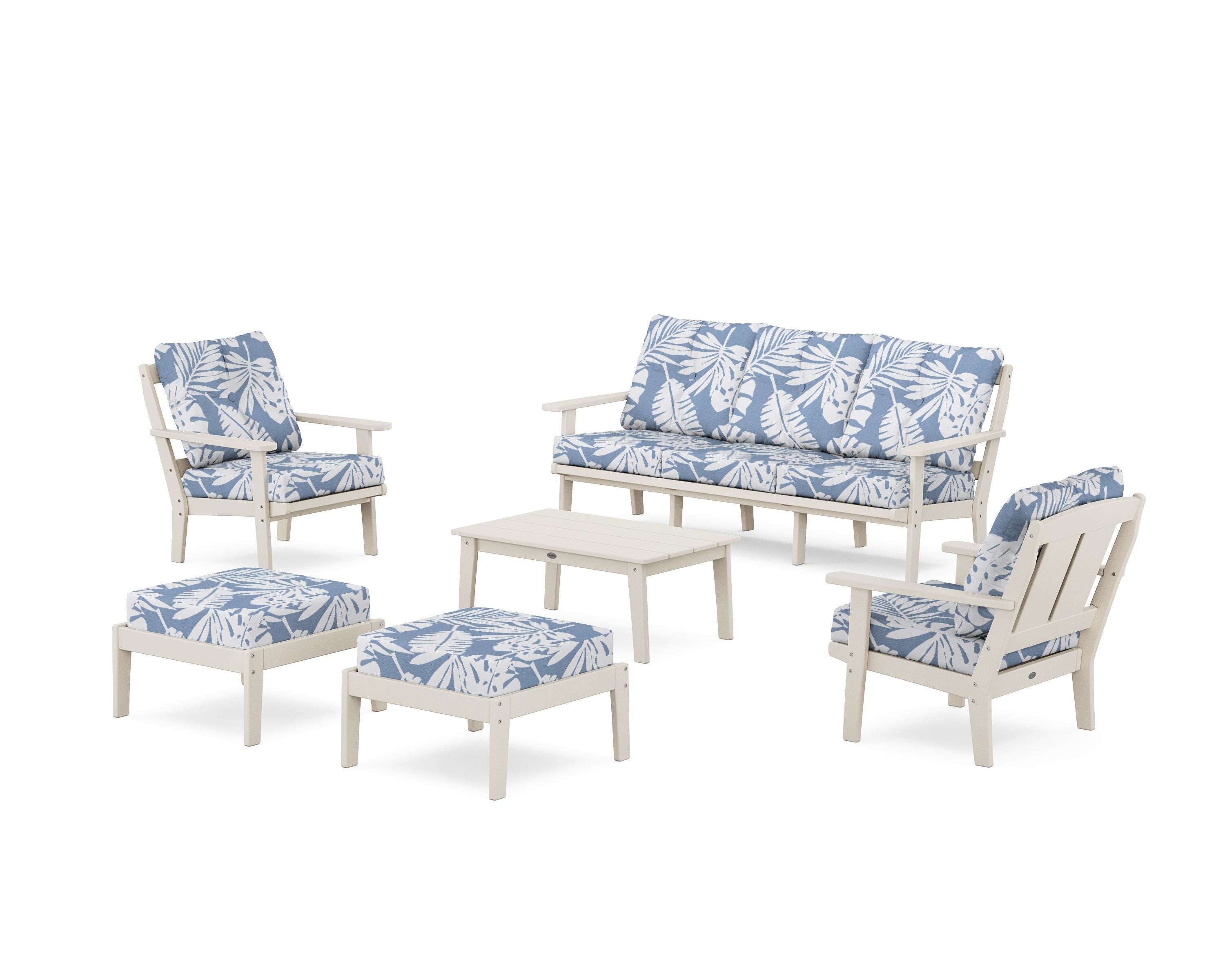 POLYWOOD Mission 6-Piece Lounge Sofa Set in Sand / Leaf Sky Blue
