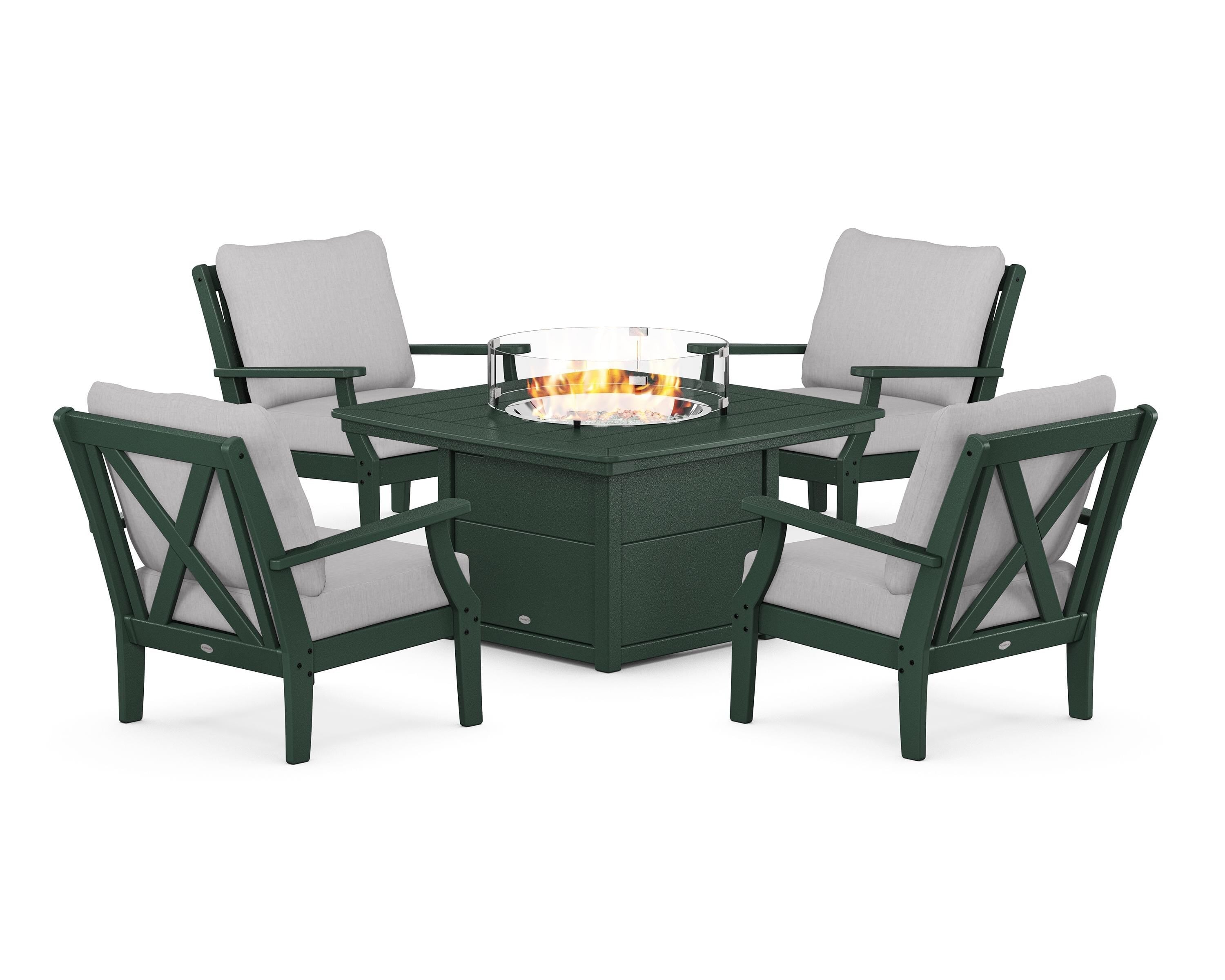 POLYWOOD Braxton 5-Piece Deep Seating Conversation Set with Fire Pit Table in Green / Granite