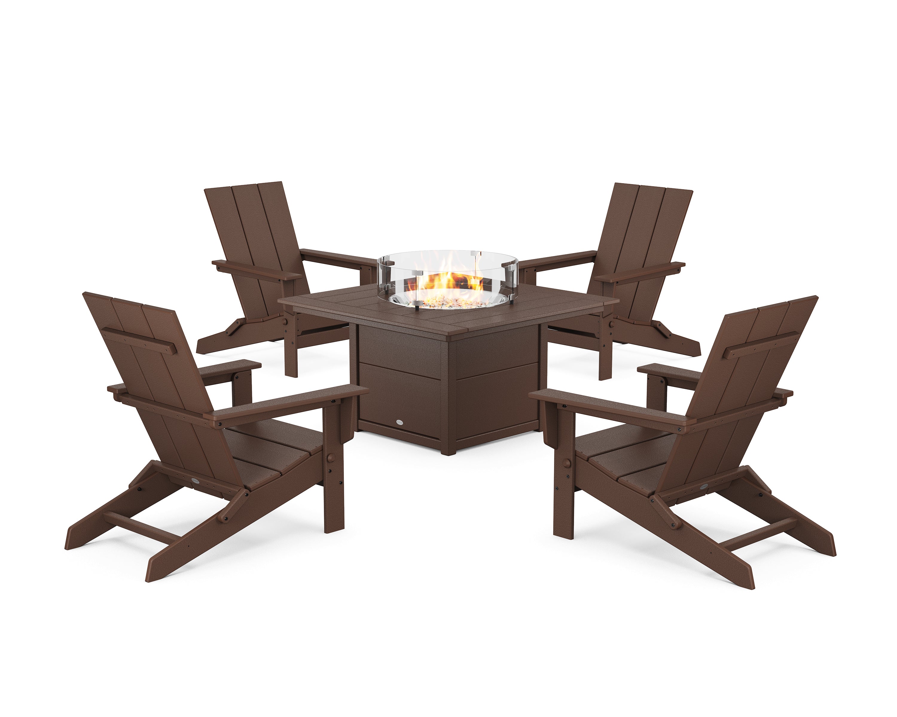 POLYWOOD 5-Piece Modern Studio Folding Adirondack Conversation Set with Fire Pit Table in Mahogany