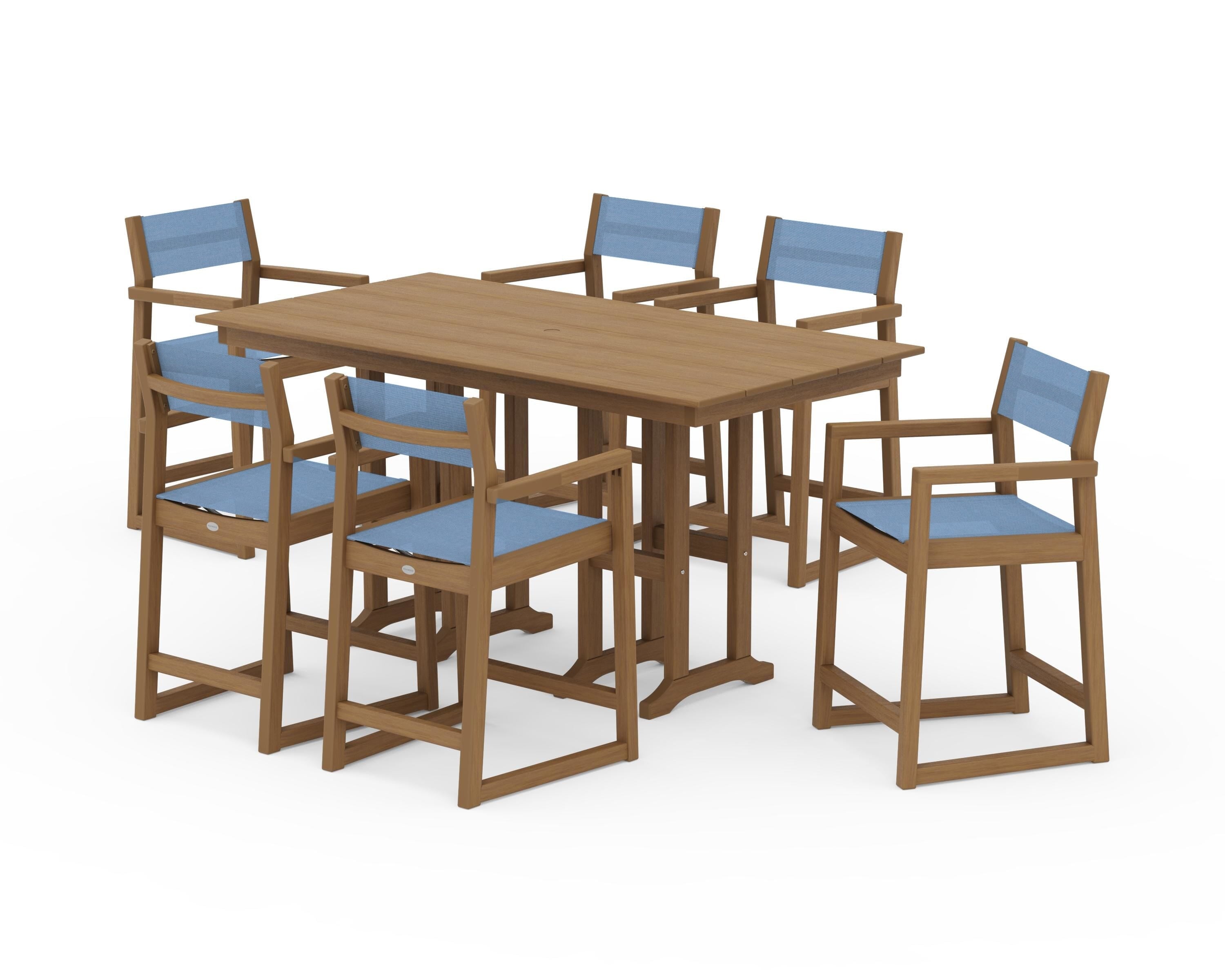 POLYWOOD EDGE Sling Arm Chair 7-Piece Farmhouse Counter Set in Natural / Poolside Sling