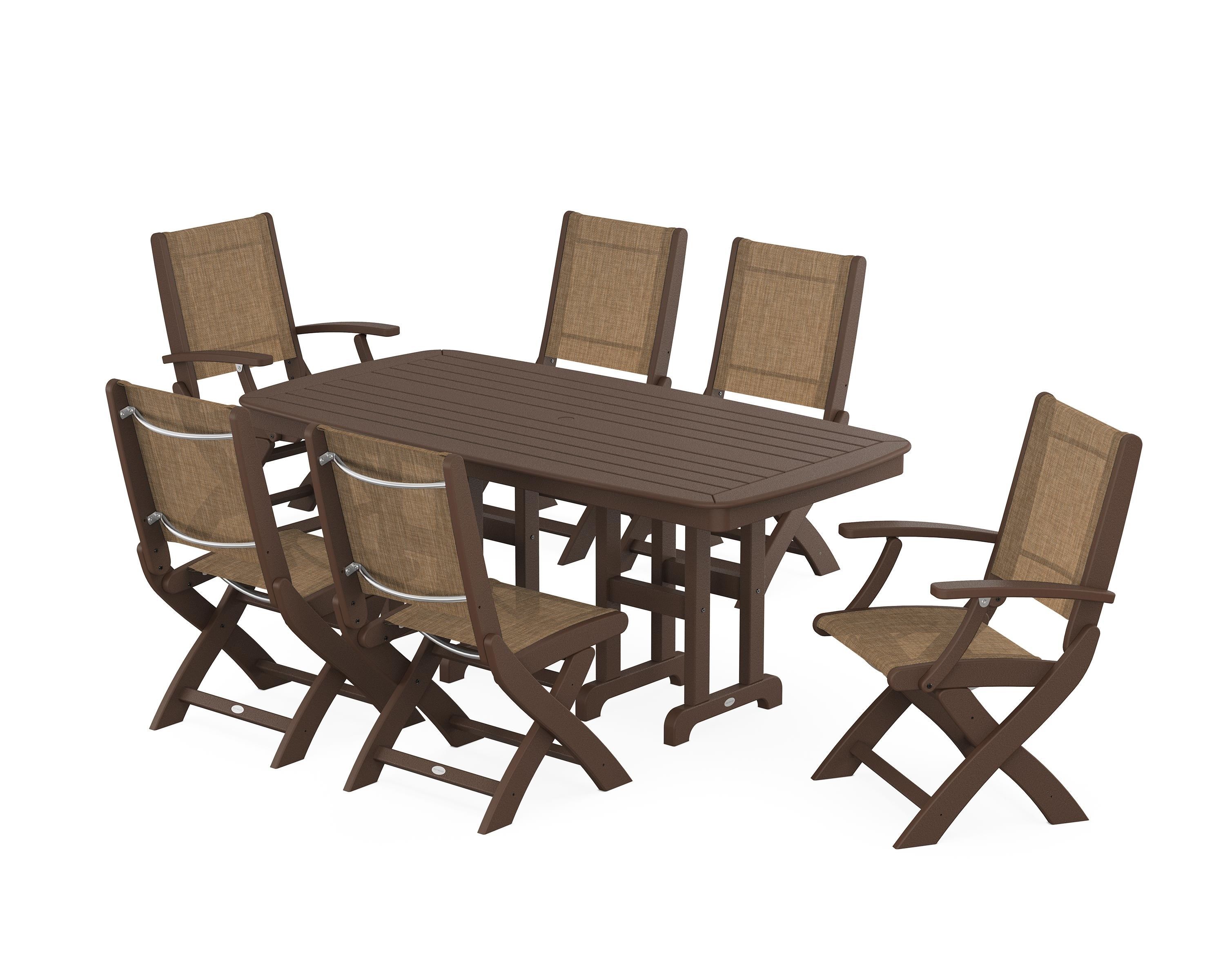 POLYWOOD Coastal Folding Chair 7-Piece Dining Set in Mahogany / Burlap Sling