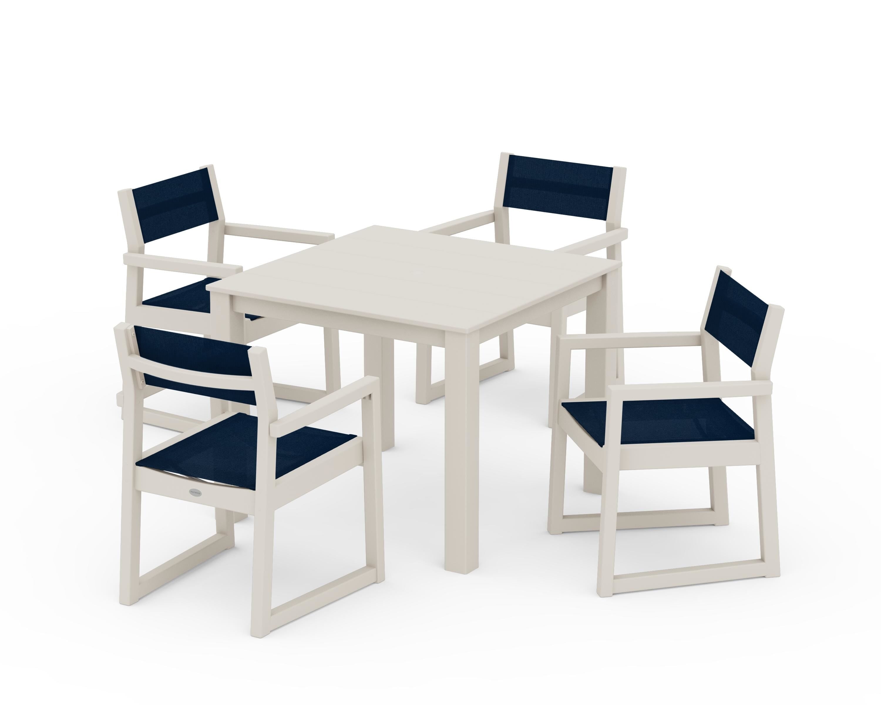 POLYWOOD EDGE Sling Arm Chair 5-Piece Parsons Dining Set in Sand / Navy Blue Sling