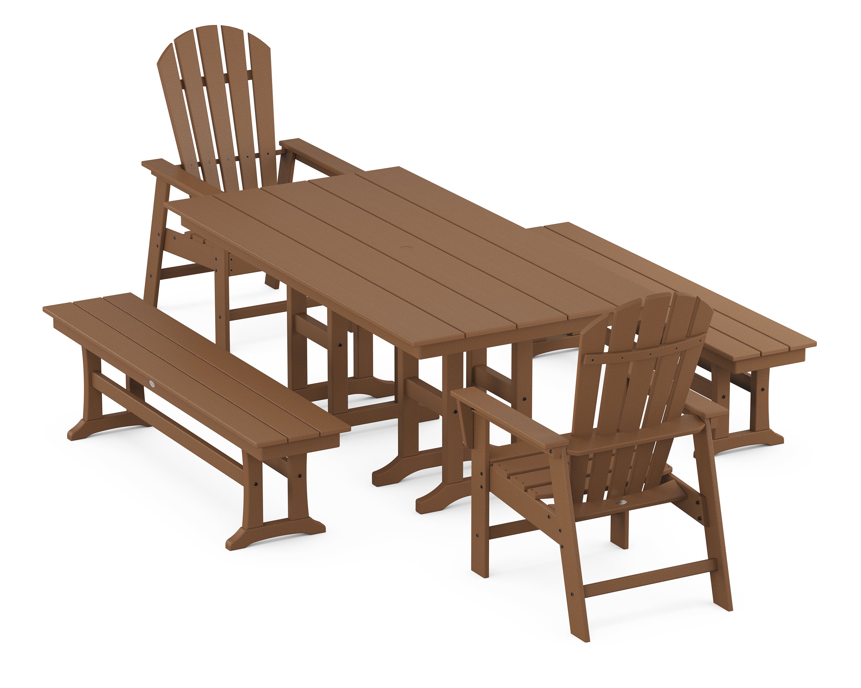 POLYWOOD® South Beach 5-Piece Farmhouse Dining Set with Benches in Teak