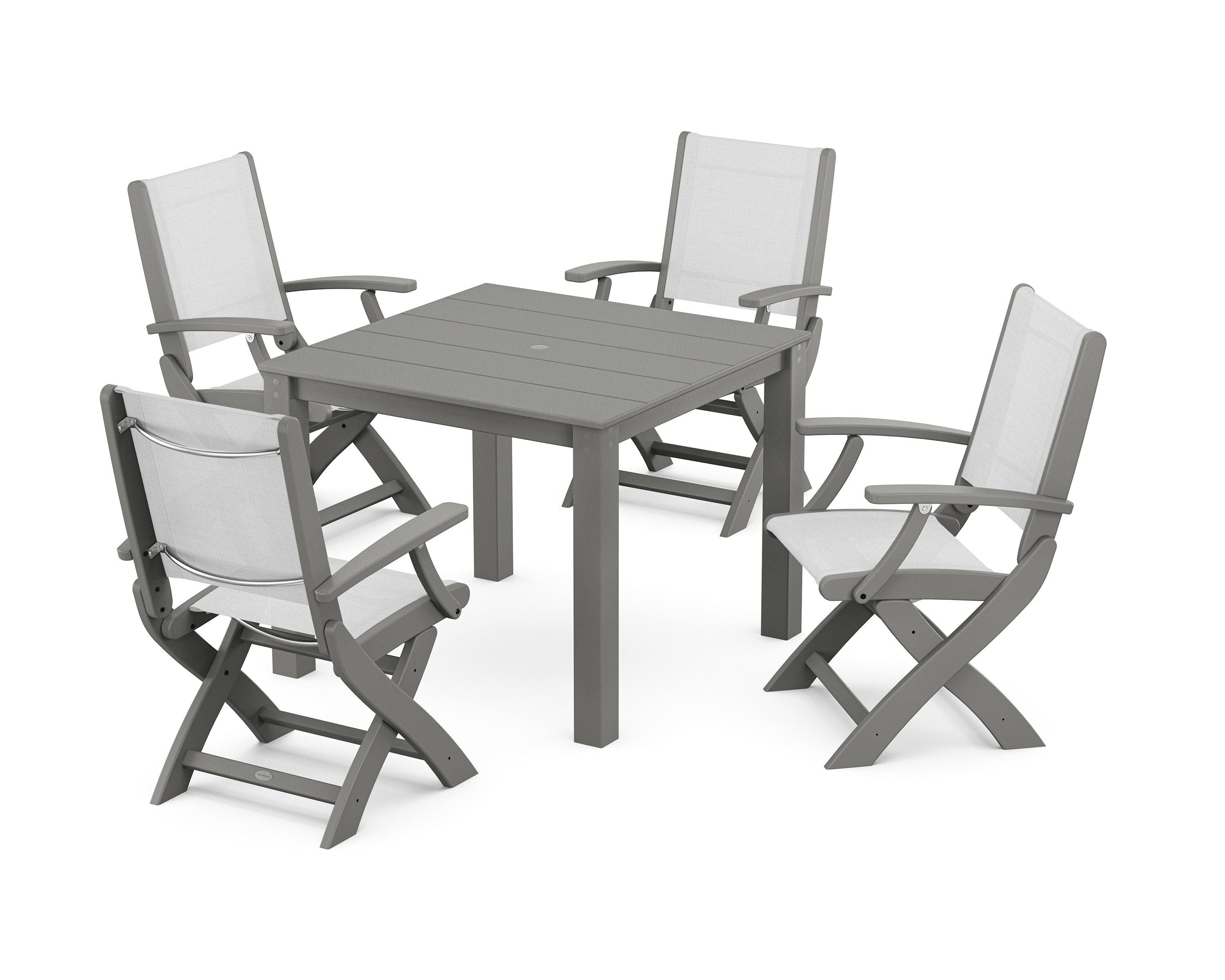 POLYWOOD Coastal Folding Chair 5-Piece Parsons Dining Set in Slate Grey / White Sling