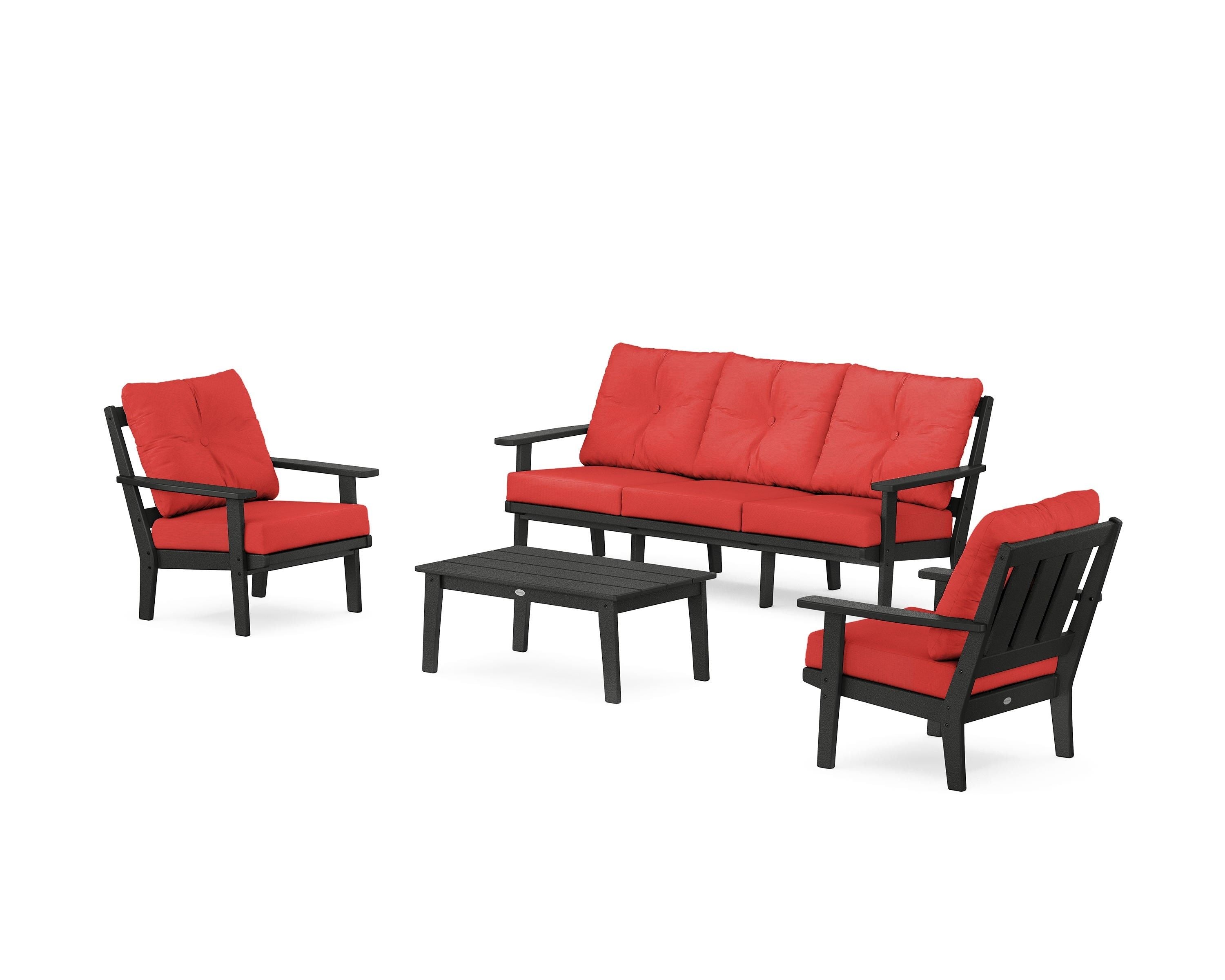 POLYWOOD Oxford 4-Piece Deep Seating Set with Sofa in Black / Crimson Linen