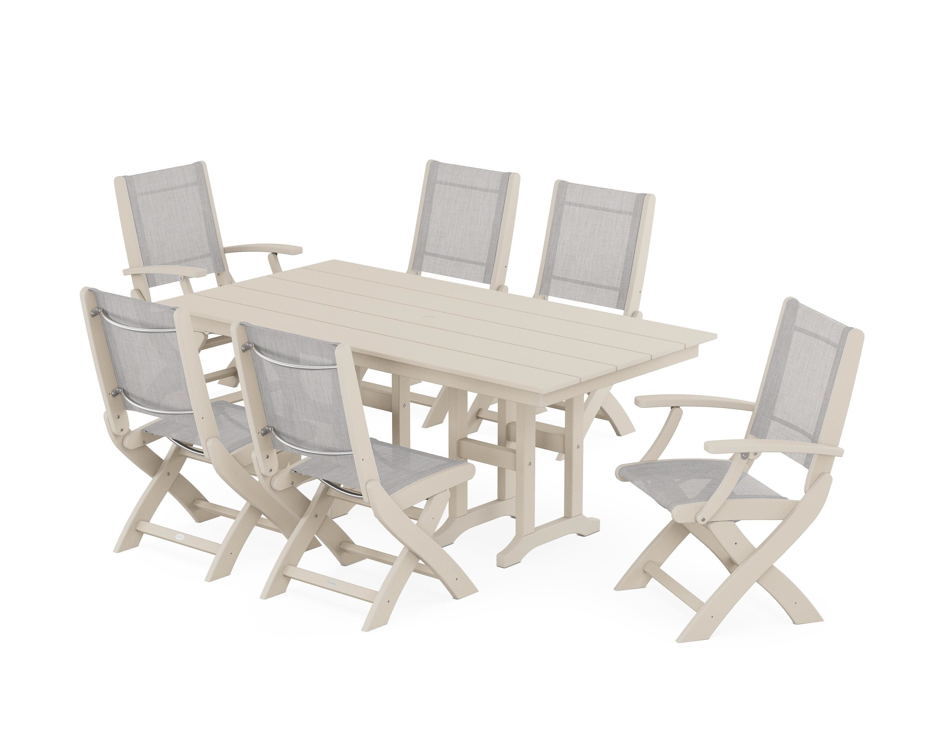 POLYWOOD Coastal Folding Chair 7-Piece Farmhouse Dining Set in Sand / Parchment Sling