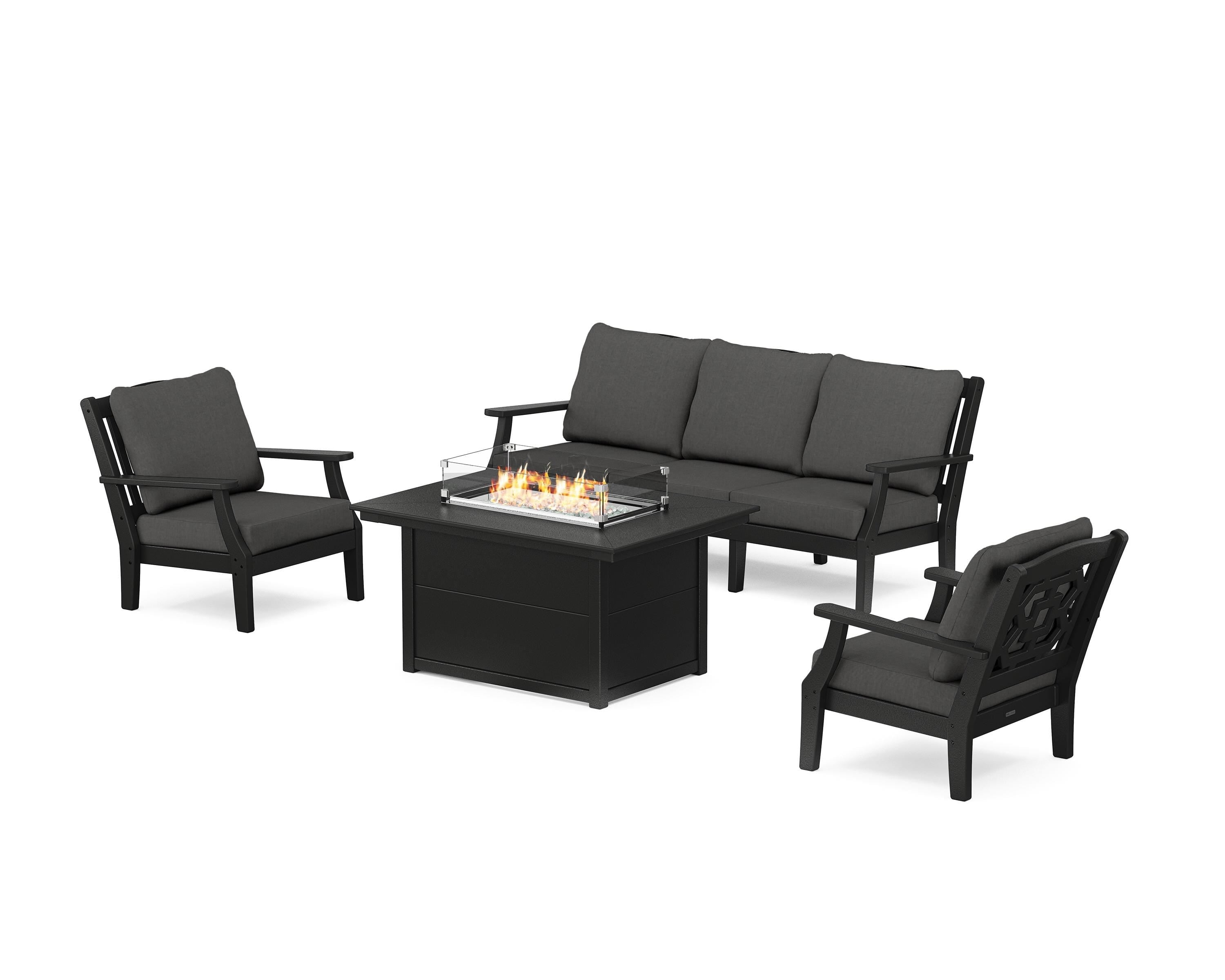Martha Stewart by POLYWOOD Chinoiserie Deep Seating Fire Pit Table Set in Black / Spectrum Carbon