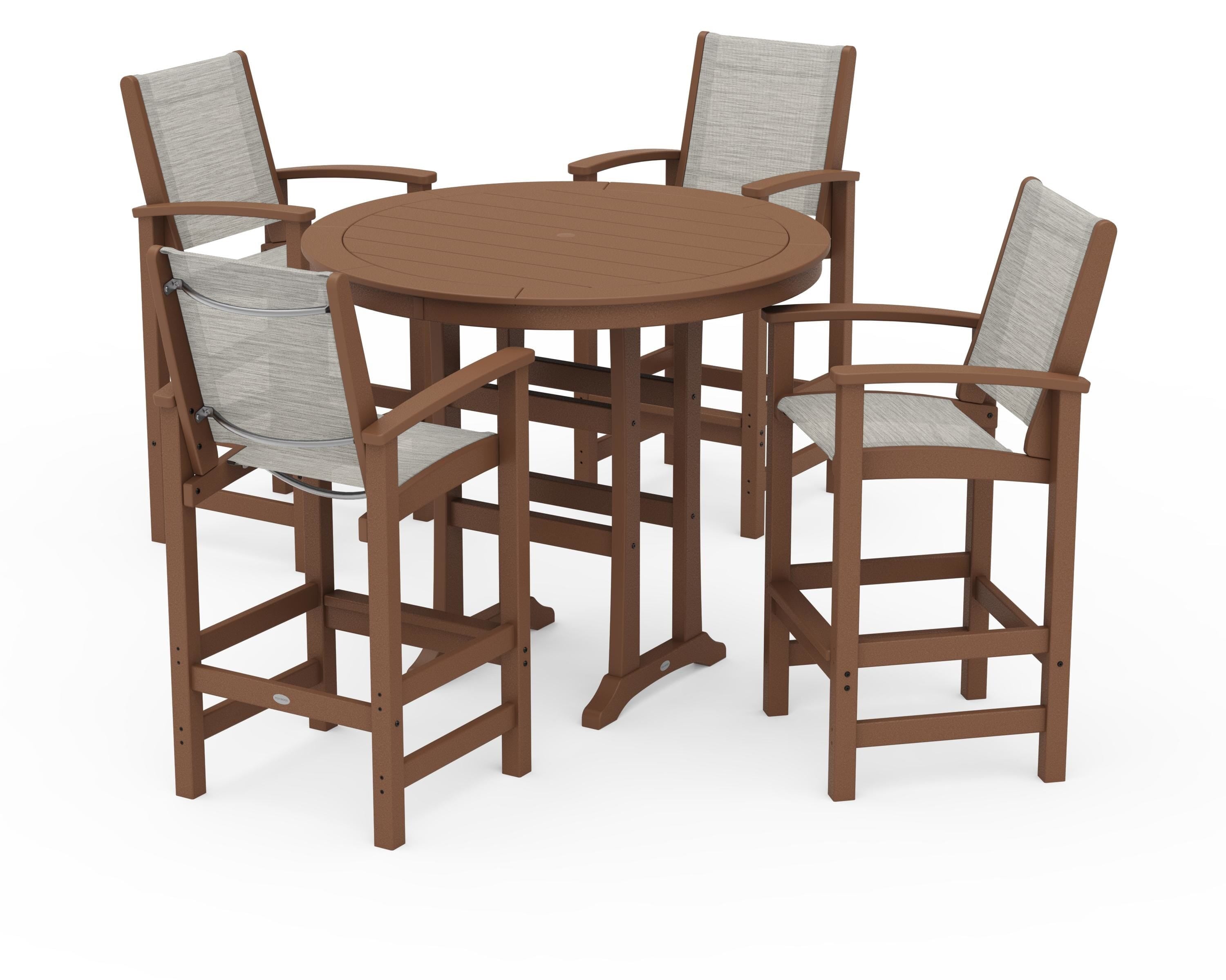 POLYWOOD Coastal 5-Piece Nautical Trestle Bar Set in Teak / Birch Sling