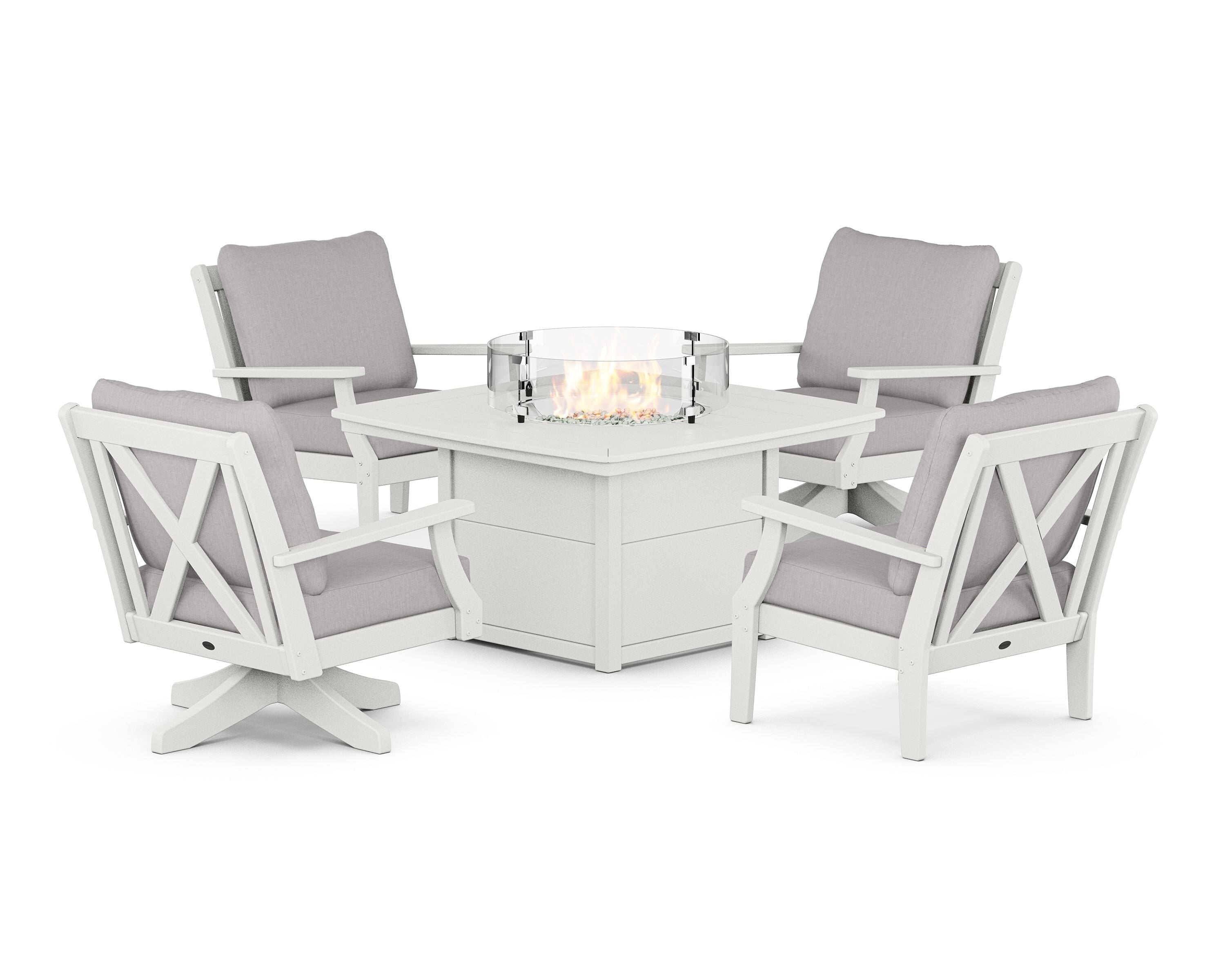 POLYWOOD Braxton 5-Piece Deep Seating Set with Fire Table in White / Granite
