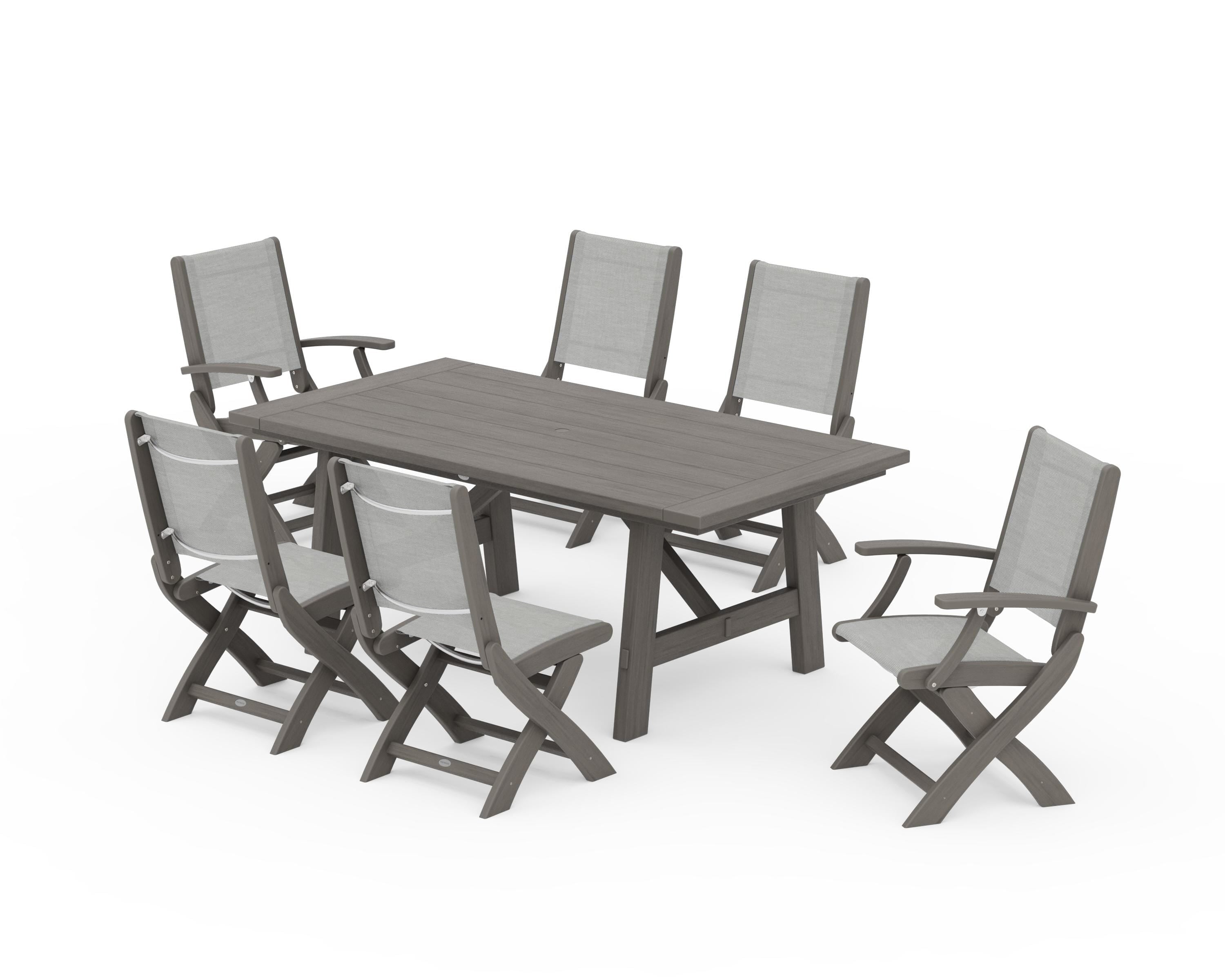 POLYWOOD Coastal Folding Chair 7-Piece Rustic Farmhouse Dining Set in Driftwood / Metallic Sling