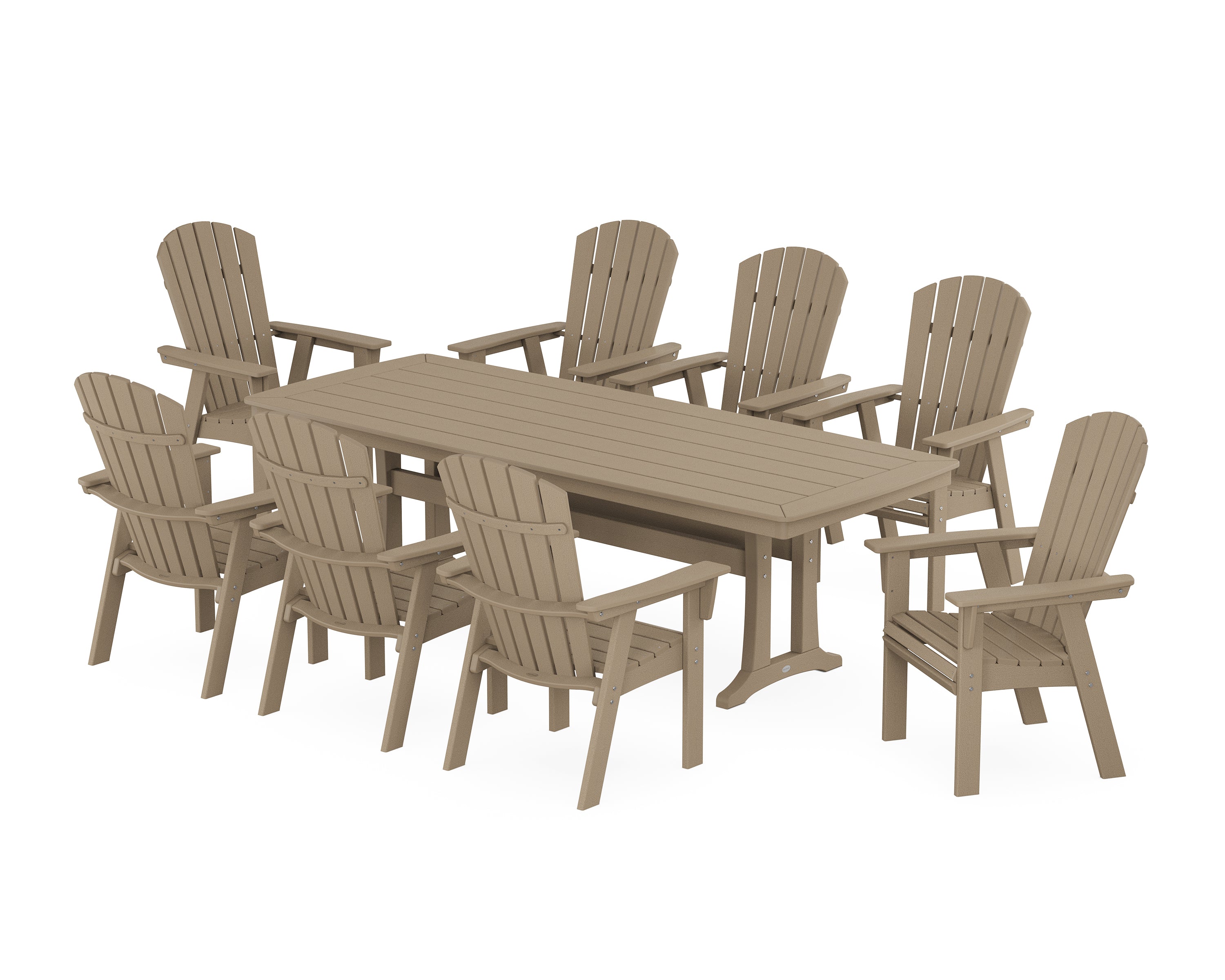 POLYWOOD Nautical Curveback Adirondack 9-Piece Dining Set with Trestle Legs in Vintage Sahara