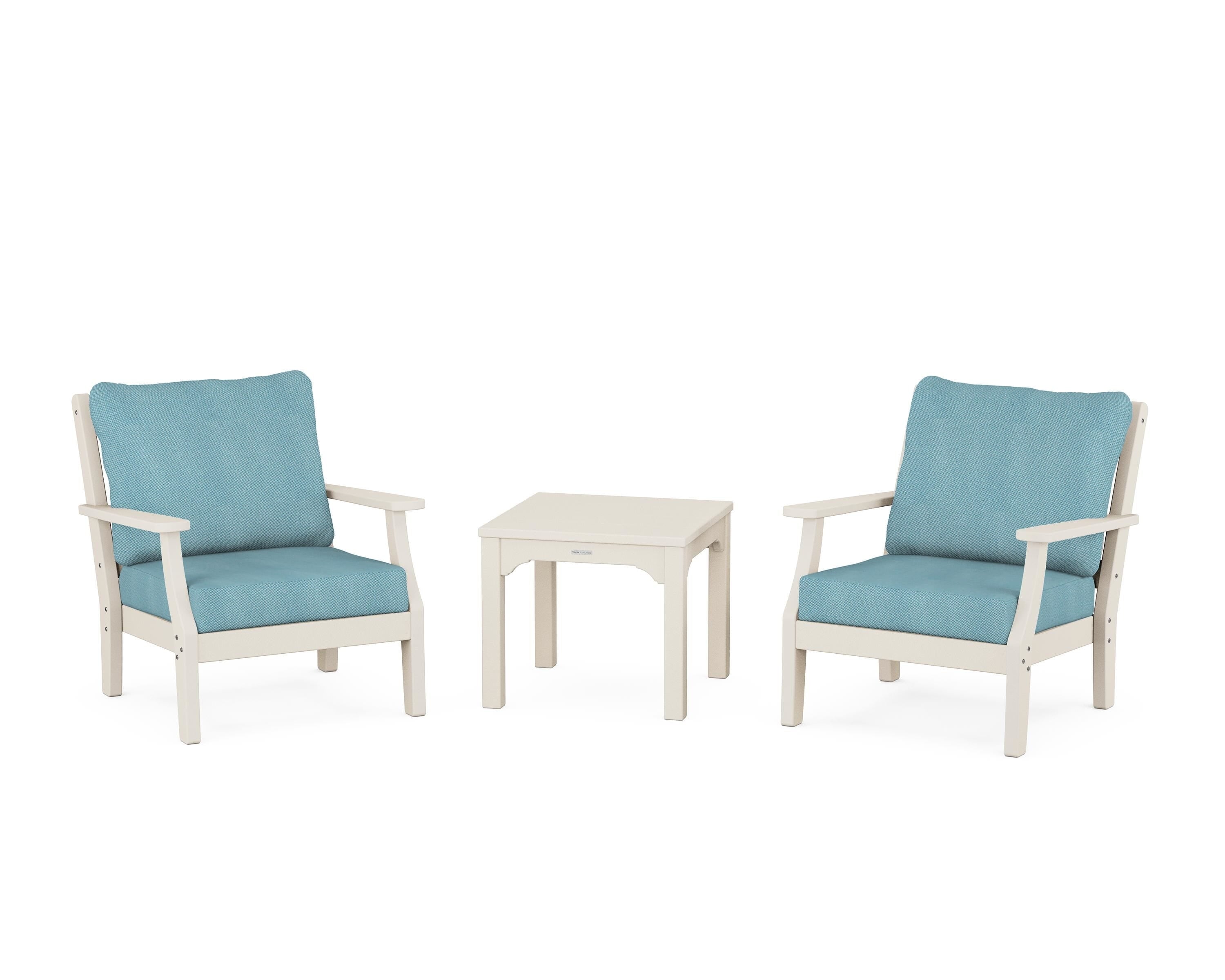 Martha Stewart by POLYWOOD Chinoiserie 3-Piece Deep Seating Set in Sand / Lattice Sky Blue