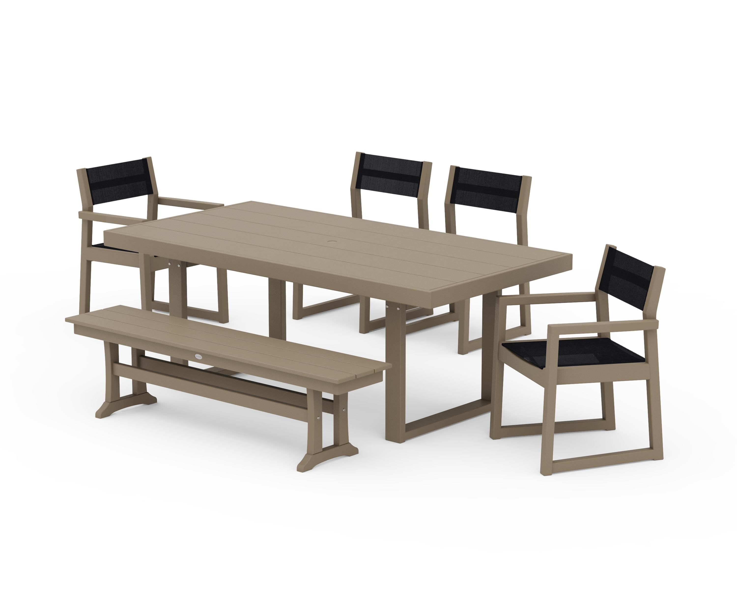 POLYWOOD EDGE Sling 6-Piece Dining Set with Bench in Vintage Sahara / Black Sling