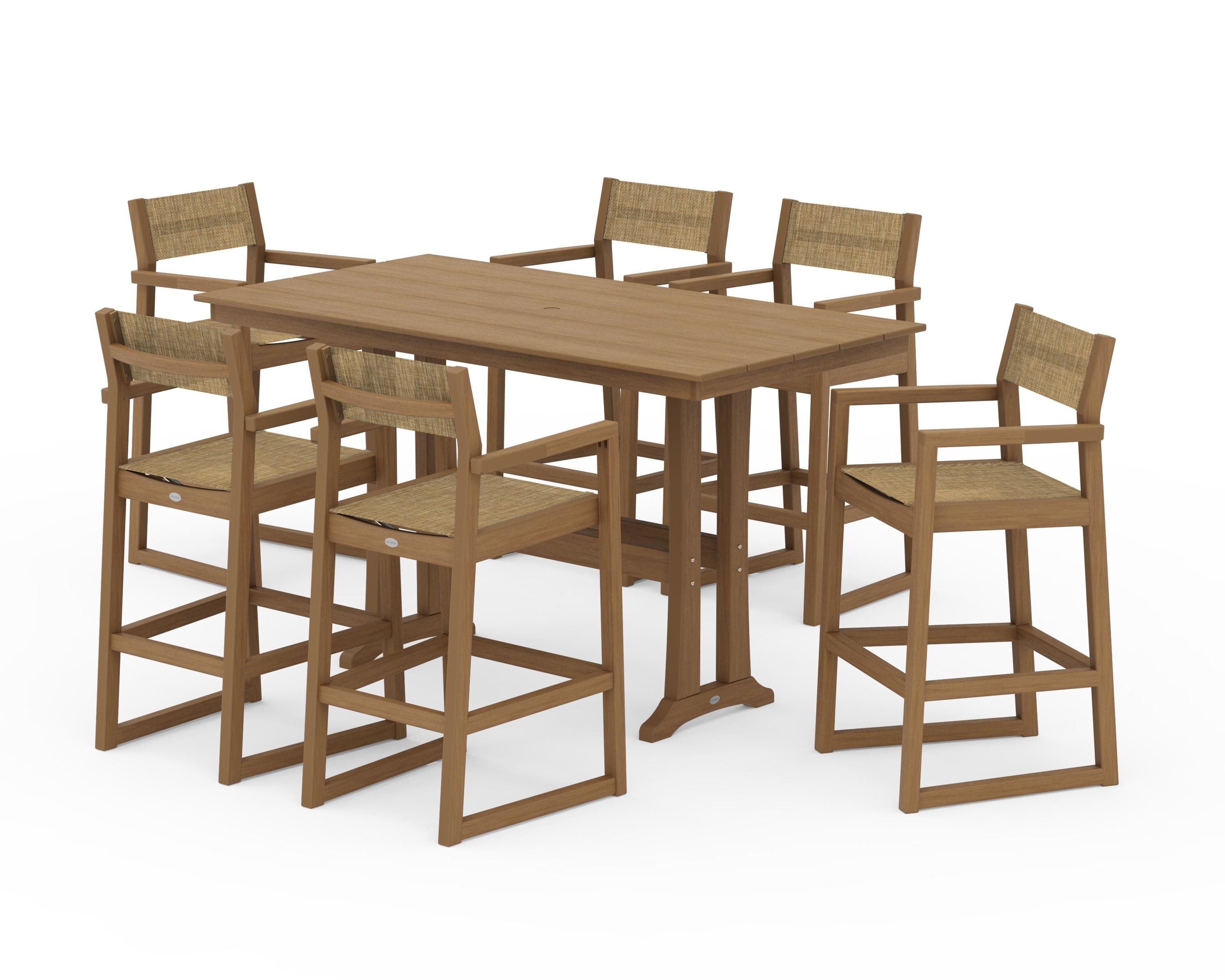 POLYWOOD EDGE Sling Arm Chair 7-Piece Farmhouse Bar Set with Trestle Legs in Natural / Burlap Sling