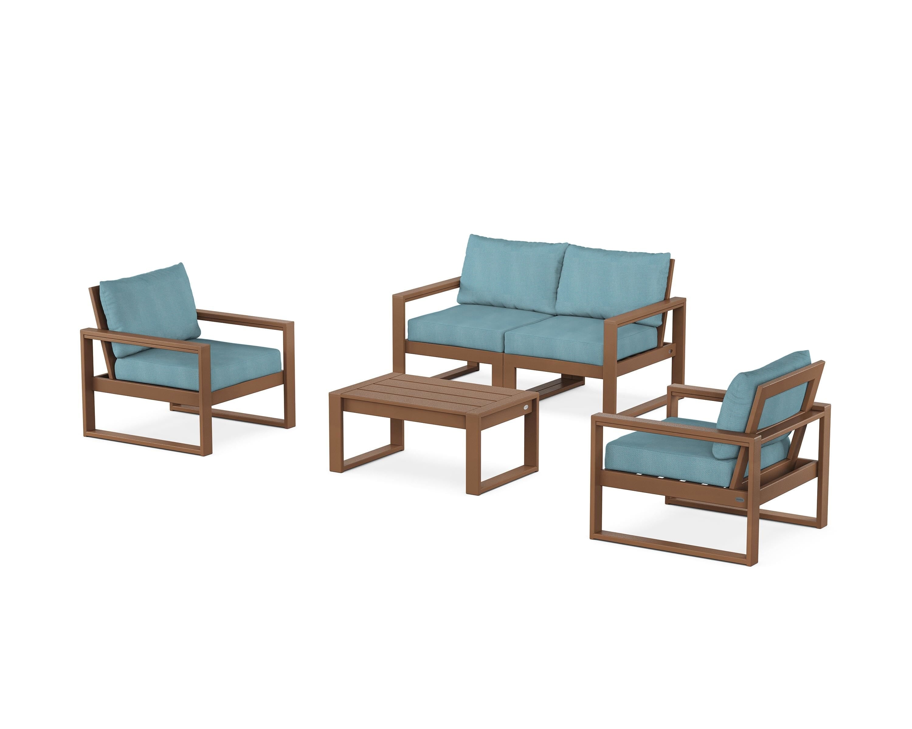 POLYWOOD EDGE Sectional 4-Piece Deep Seating Set with Loveseat in Teak / Lattice Sky Blue