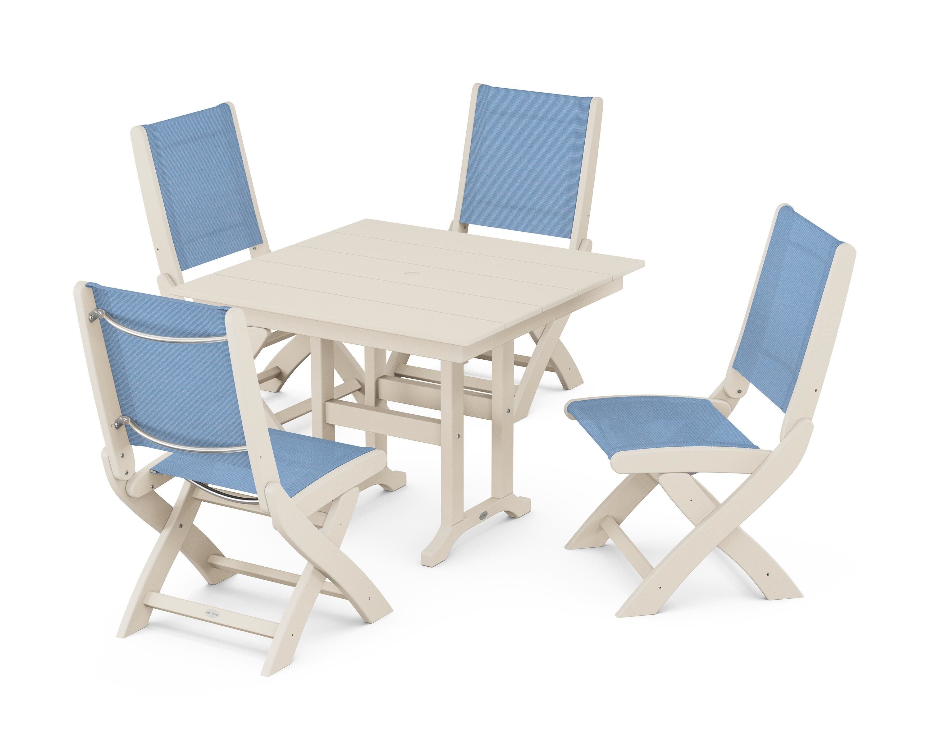 POLYWOOD Coastal Folding Side Chair 5-Piece Farmhouse Dining Set in Sand / Poolside Sling