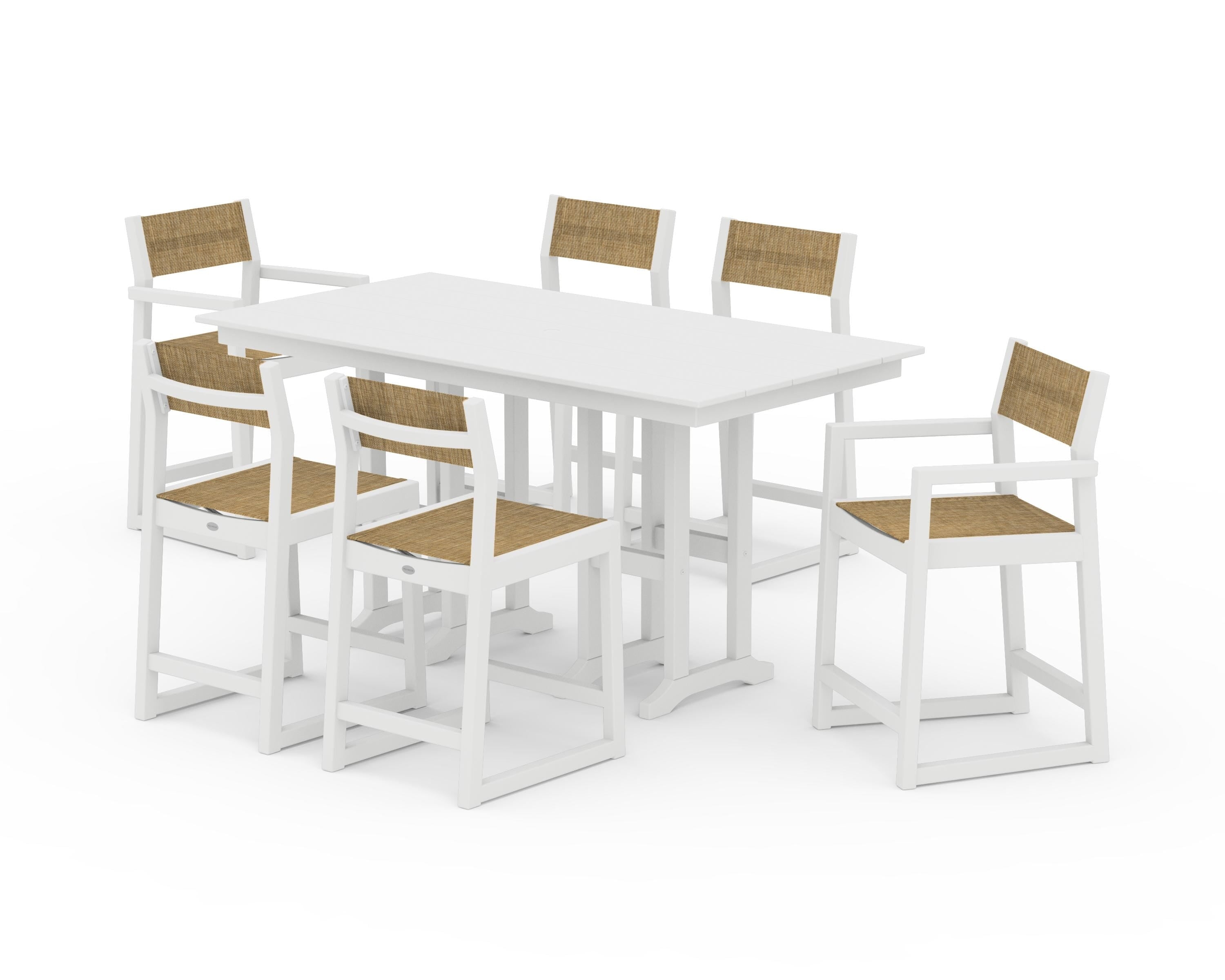 POLYWOOD EDGE Sling 7-Piece Farmhouse Counter Set with Trestle Legs in White / Burlap Sling