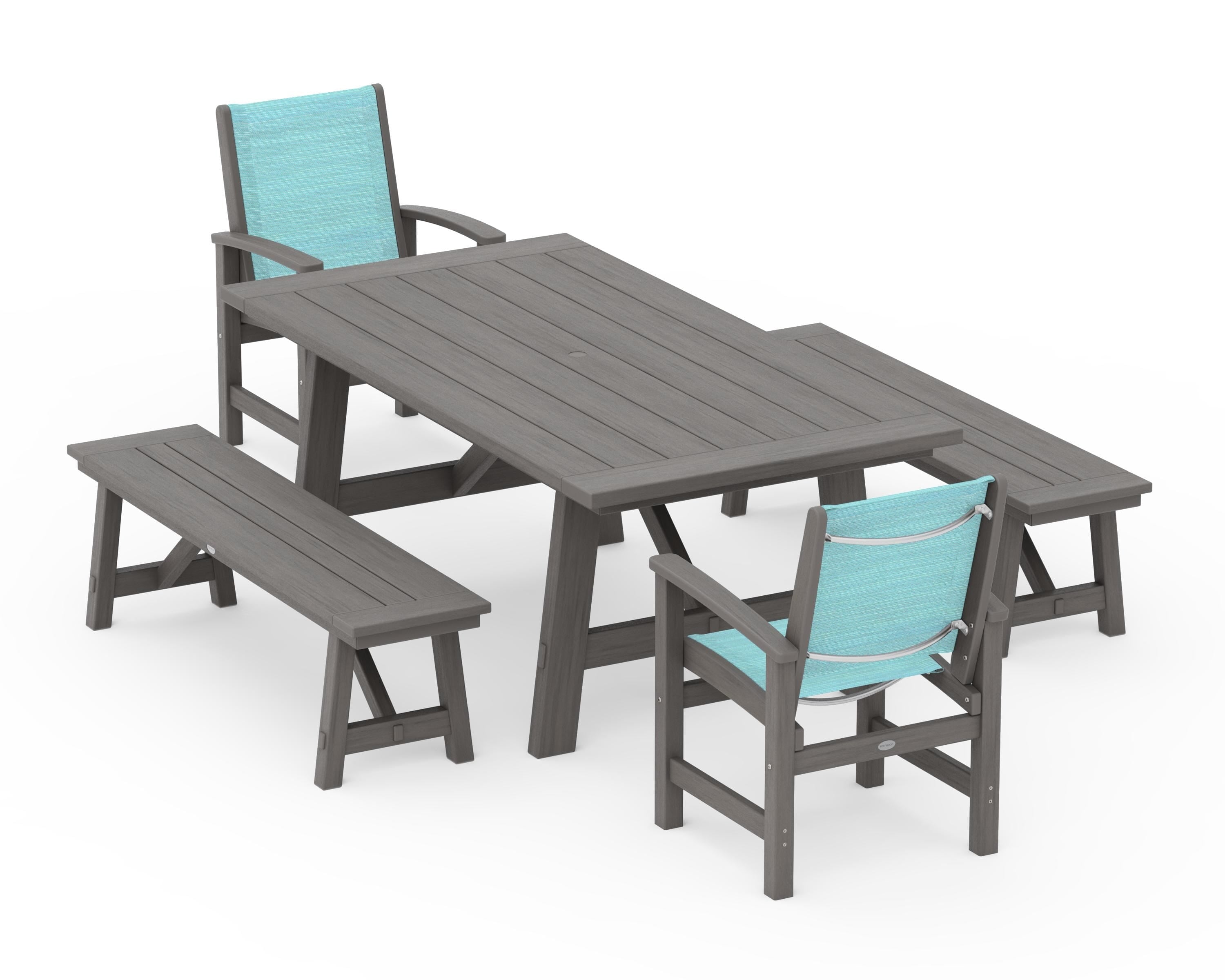 POLYWOOD Coastal 5-Piece Rustic Farmhouse Dining Set With Benches in Driftwood / Dupioni Aquamarine Sling