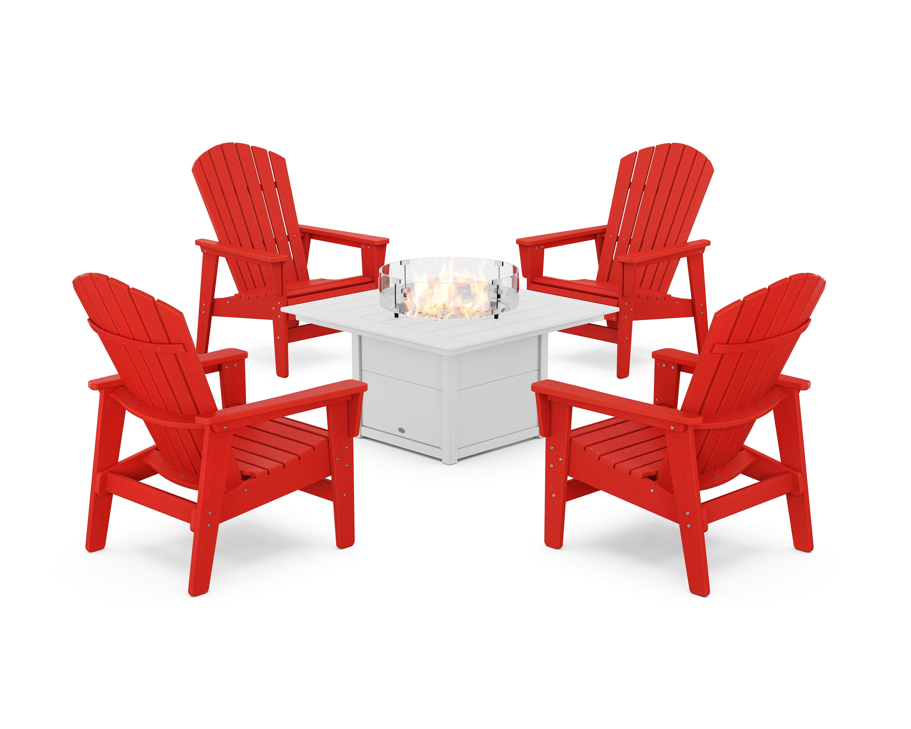 POLYWOOD 5-Piece Nautical Grand Upright Adirondack Conversation Set with Fire Pit Table in Sunset Red / White