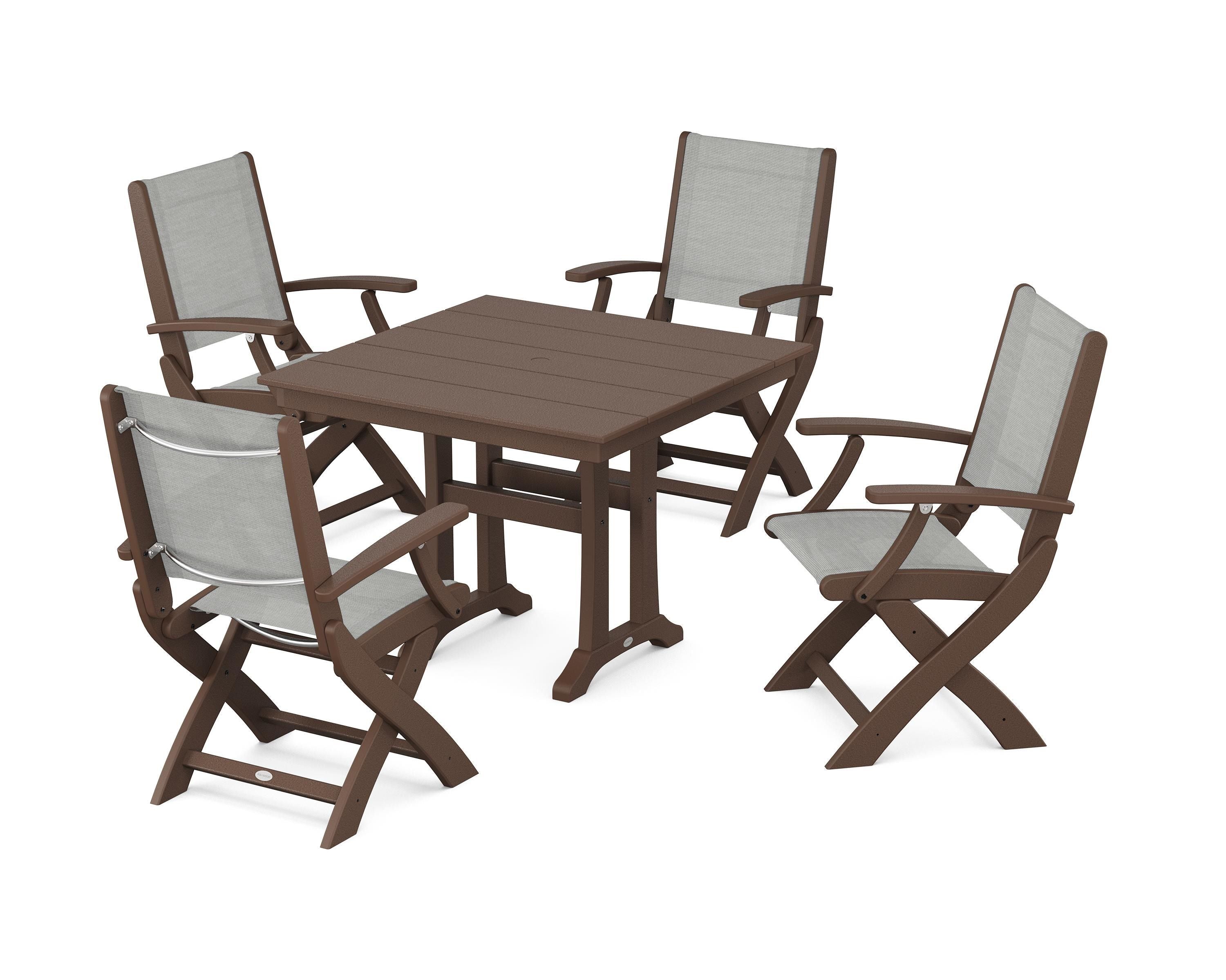 POLYWOOD Coastal Folding Chair 5-Piece Farmhouse Dining Set With Trestle Legs in Mahogany / Metallic Sling