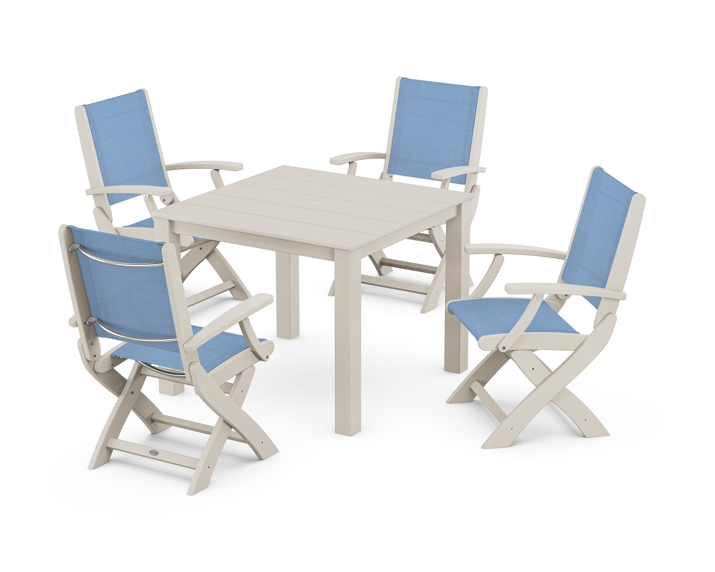 POLYWOOD Coastal Folding Chair 5-Piece Parsons Dining Set in Sand / Poolside Sling