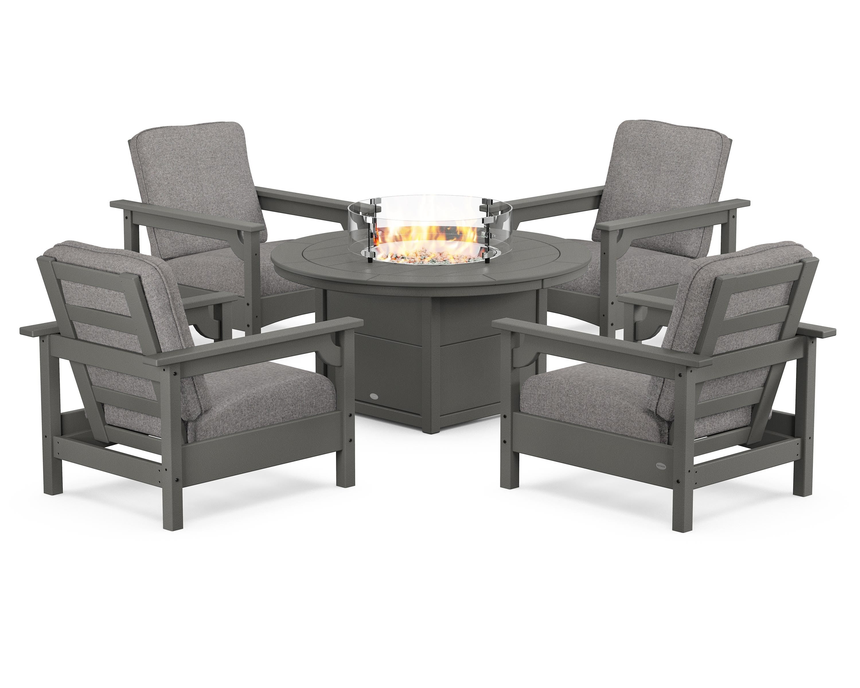 POLYWOOD Club 5-Piece Conversation Set with Fire Pit Table in Slate Grey / Grey Mist