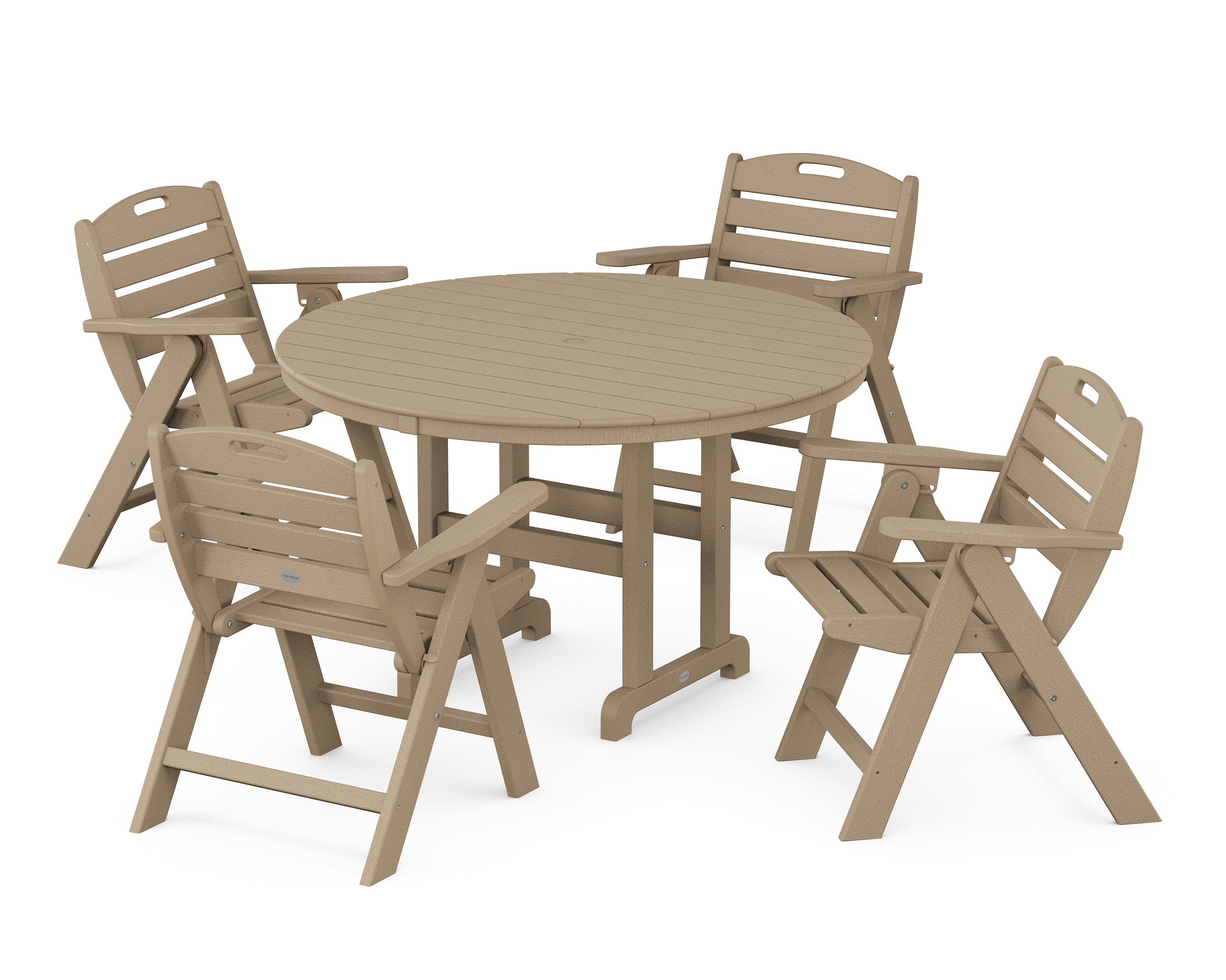 POLYWOOD® Nautical Folding Lowback Chair 5-Piece Round Farmhouse Dining Set in Vintage Sahara