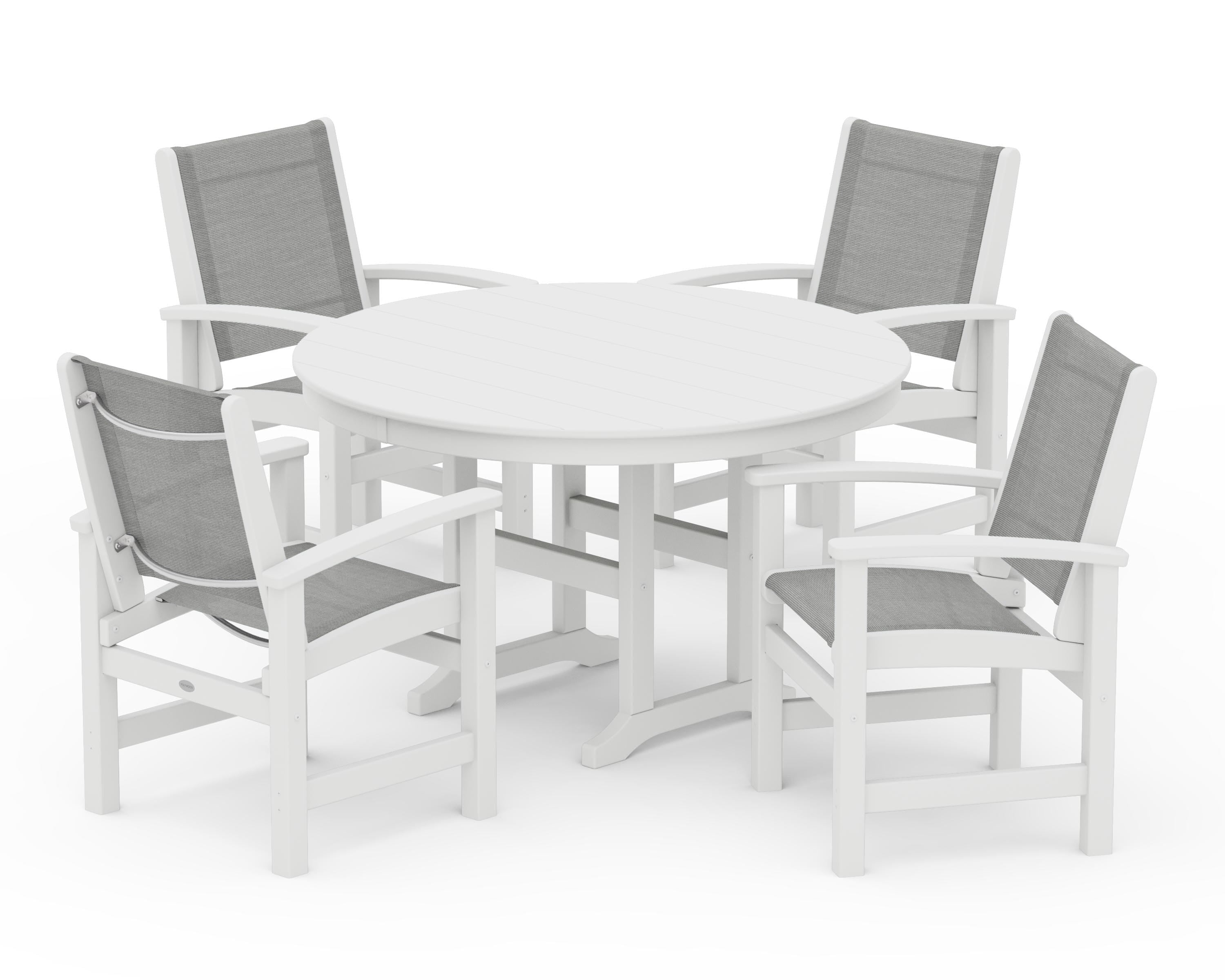 POLYWOOD Coastal 5-Piece Round Farmhouse Dining Set in White / Metallic Sling