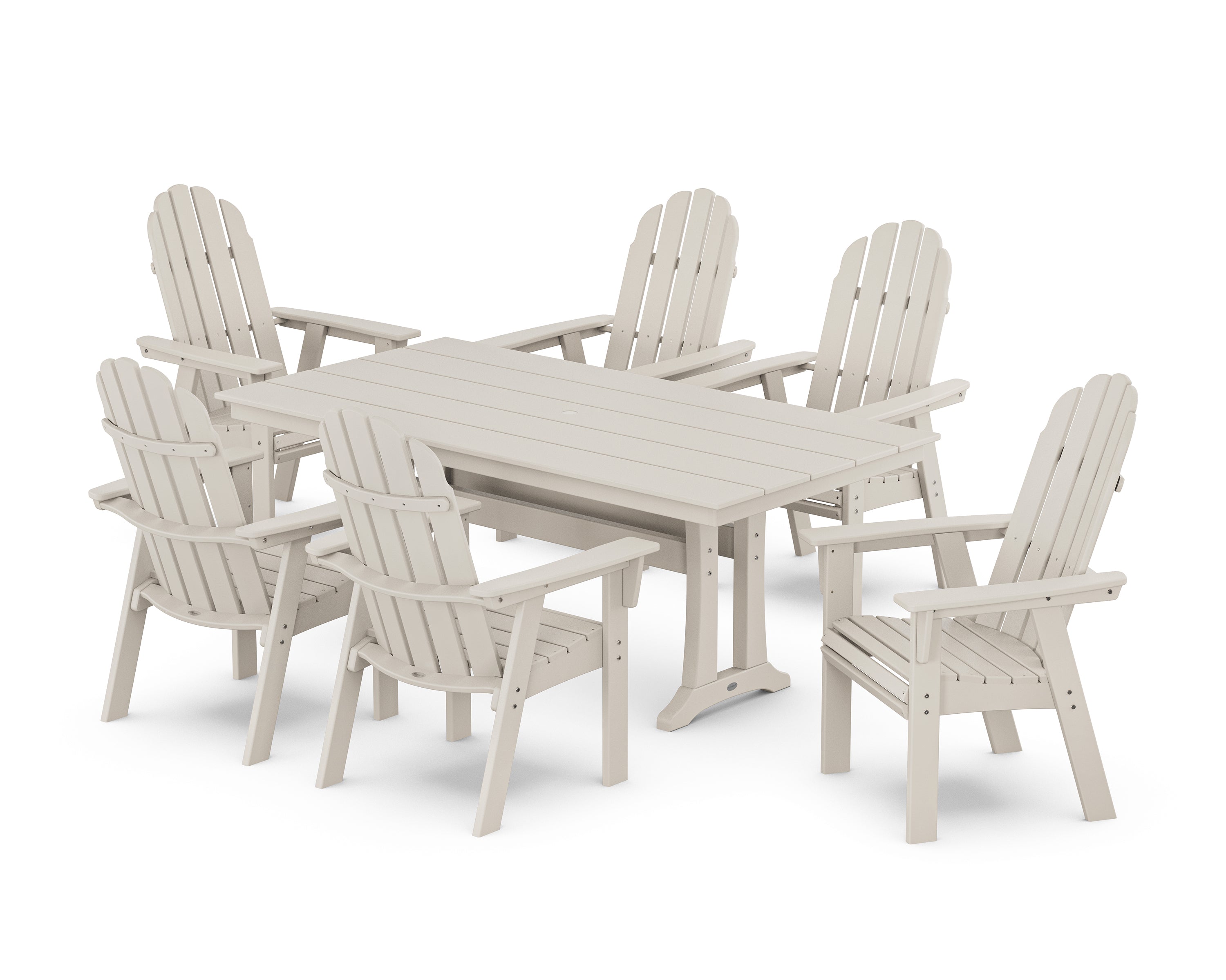 POLYWOOD Vineyard Curveback Adirondack Chair 7-Piece Farmhouse Dining Set with Trestle Legs in Sand