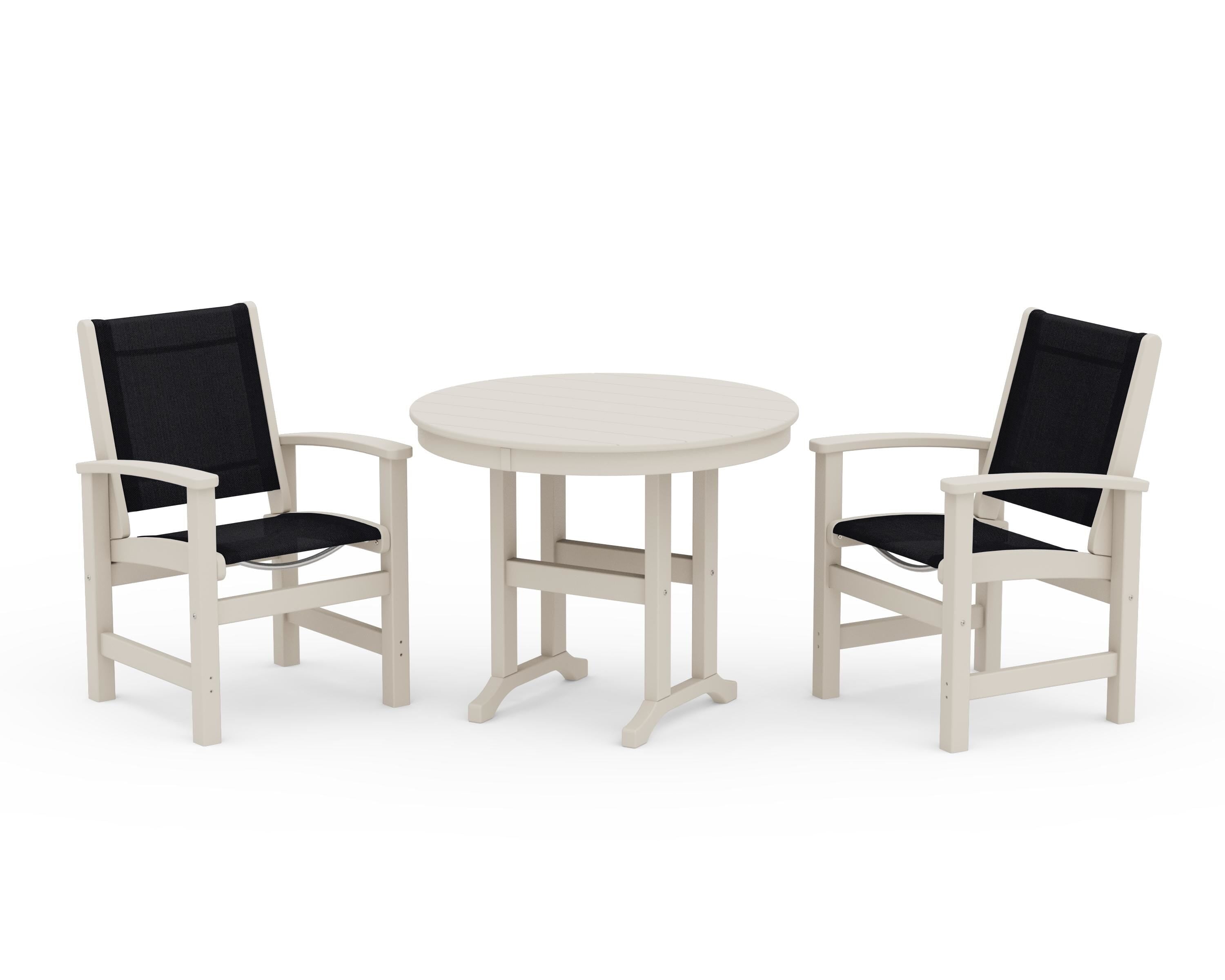 POLYWOOD Coastal 3-Piece Round Dining Set in Sand / Black Sling