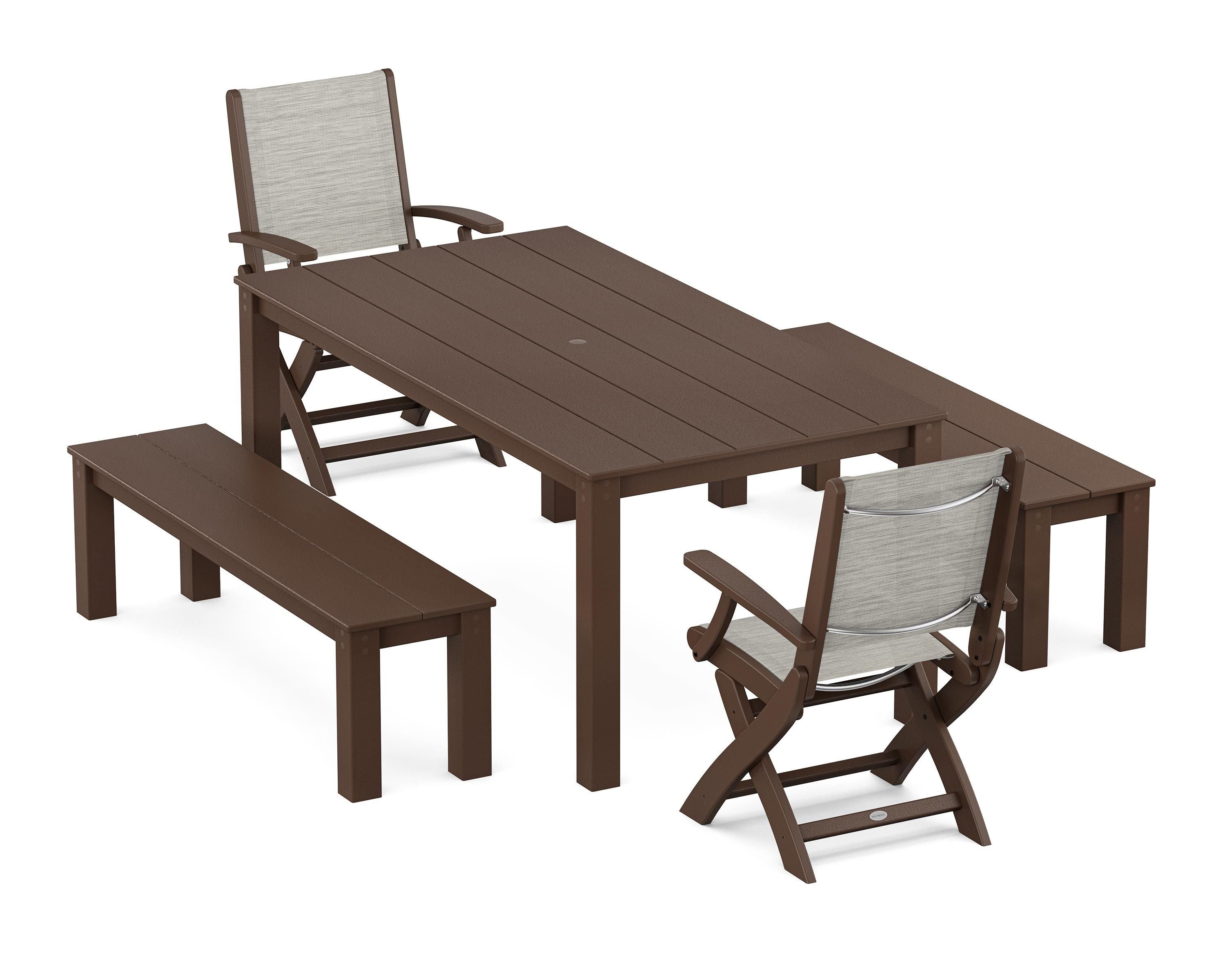 POLYWOOD Coastal Folding Chair 5-Piece Parsons Dining Set with Benches in Mahogany / Birch Sling