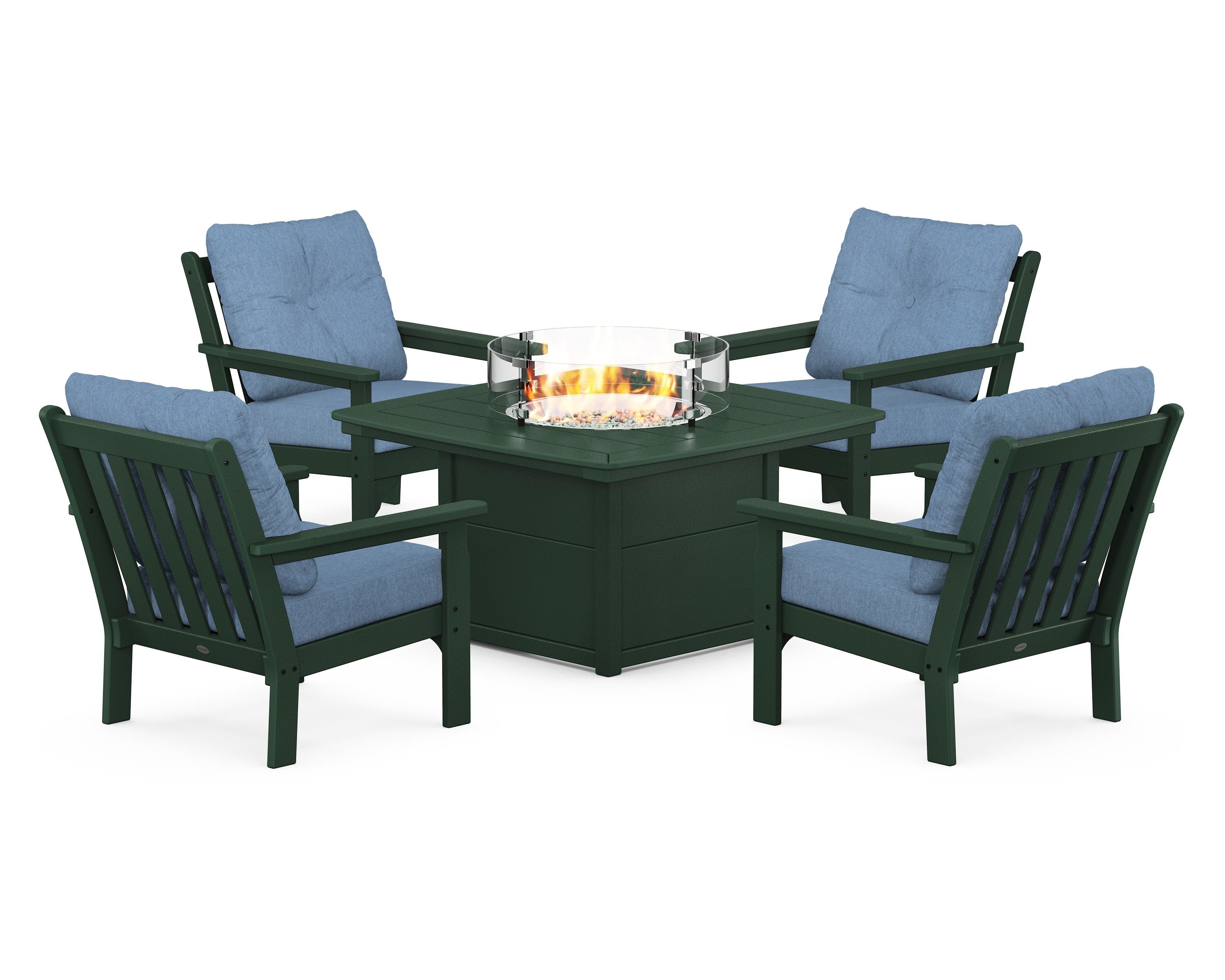 POLYWOOD Vineyard 5-Piece Conversation Set with Fire Pit Table in Green / Sky Blue