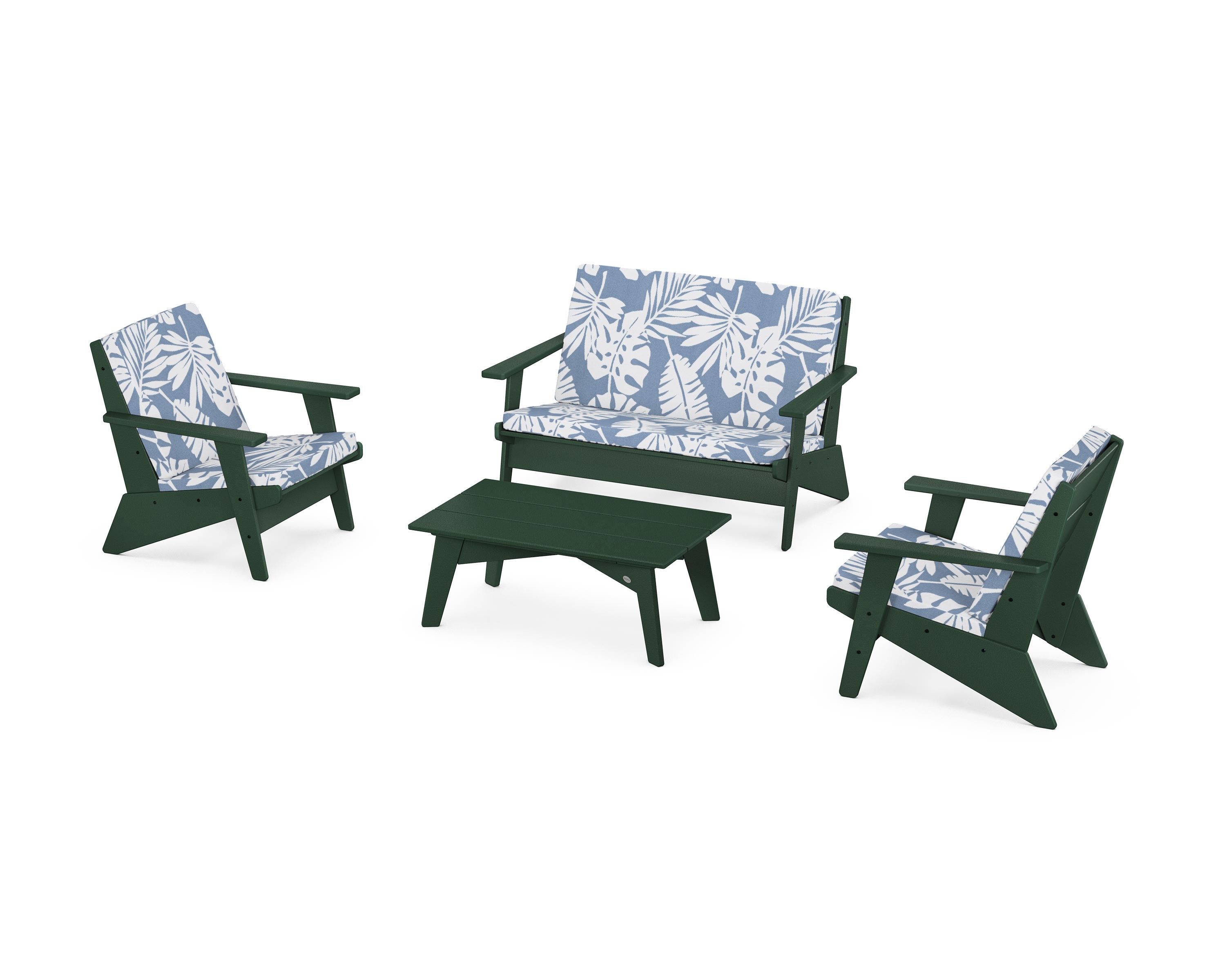POLYWOOD Riviera Modern Lounge 4-Piece Set in Green / Leaf Sky Blue