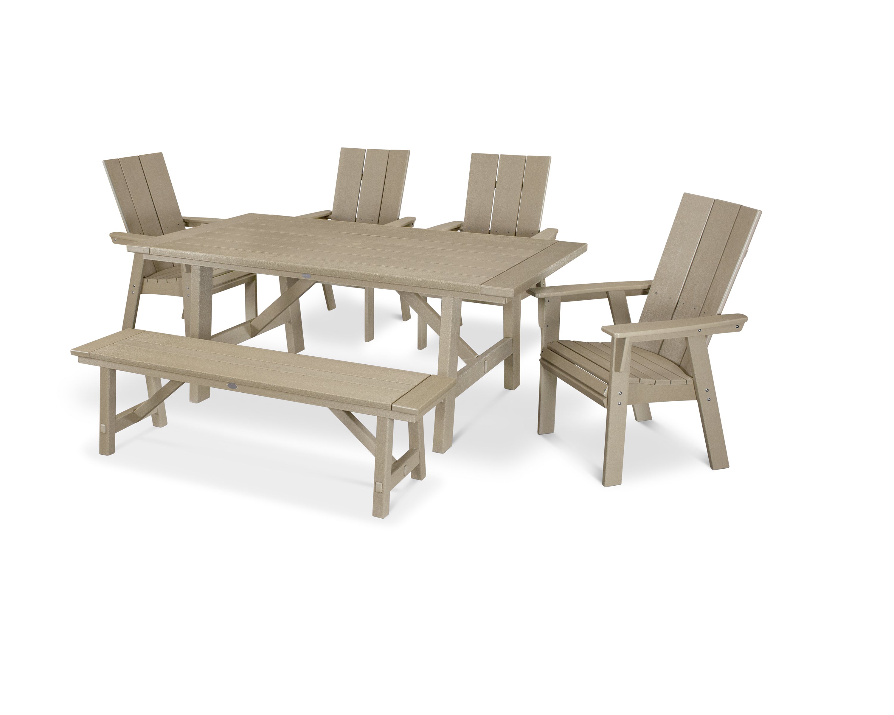 POLYWOOD® Modern Curveback Adirondack 6-Piece Rustic Farmhouse Dining Set with Bench in Vintage Sahara