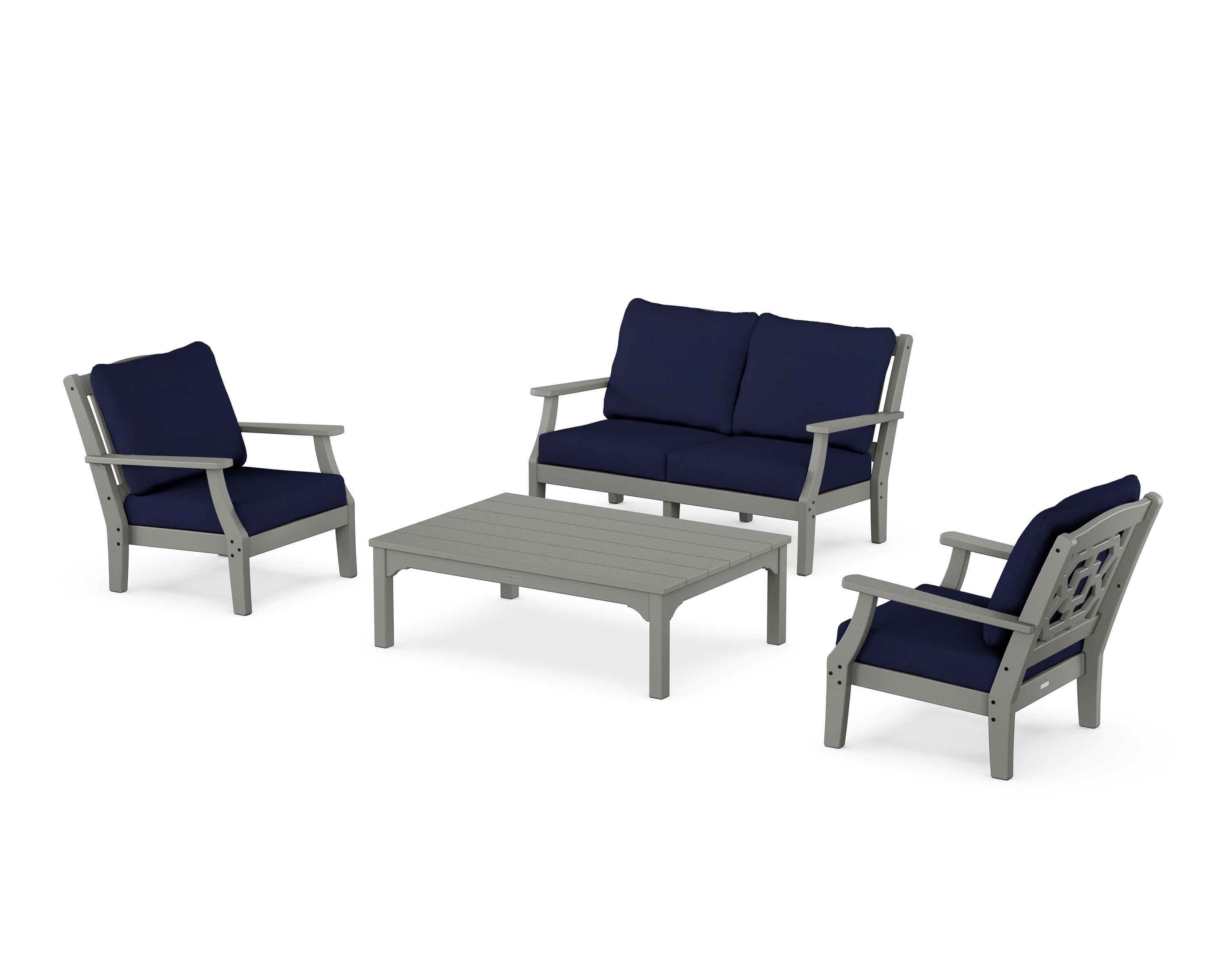 Martha Stewart by POLYWOOD Chinoiserie 4-Piece Deep Seating Set with Loveseat in Slate Grey / Navy