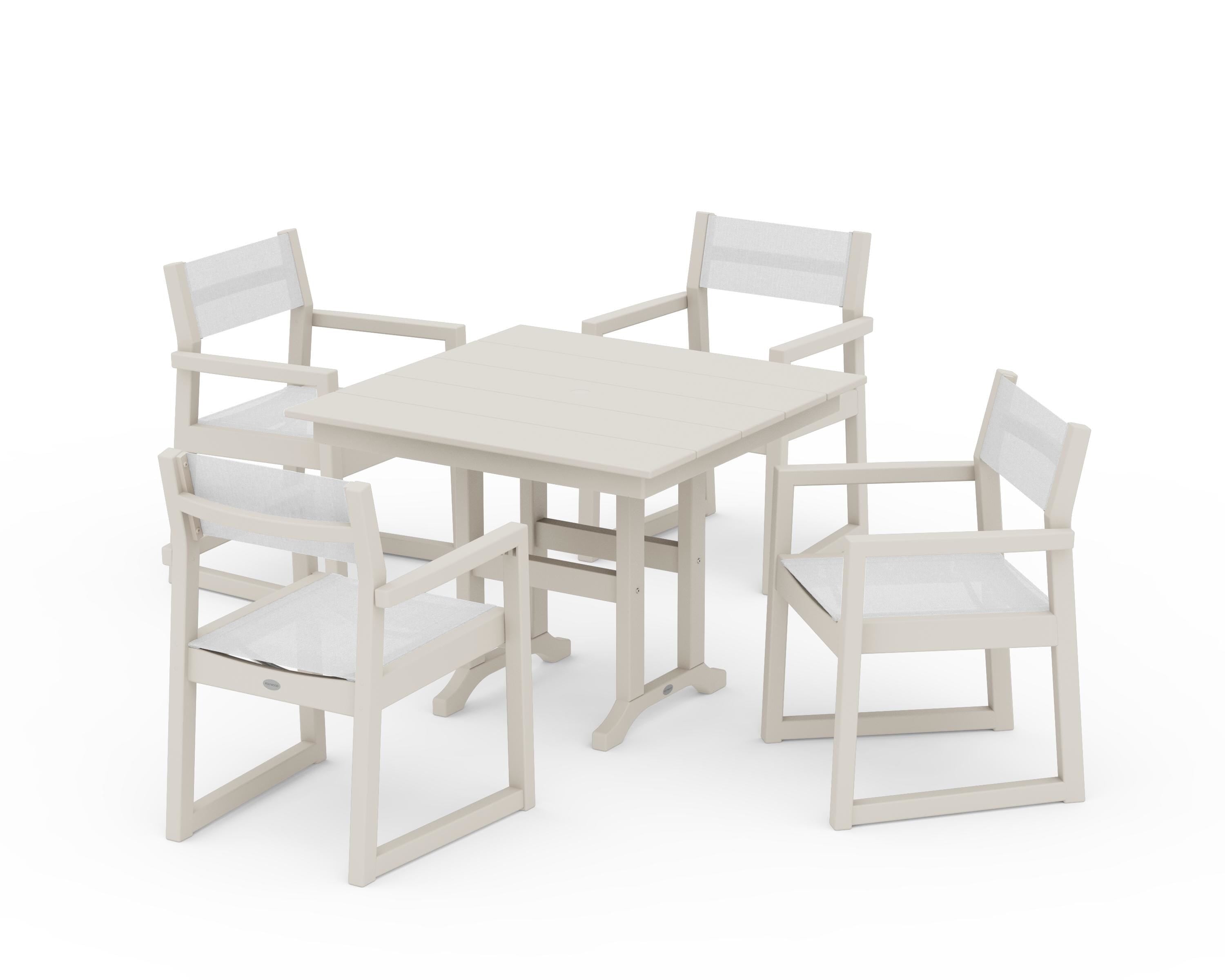 POLYWOOD EDGE Sling Arm Chair 5-Piece Farmhouse Dining Set in Sand / White Sling