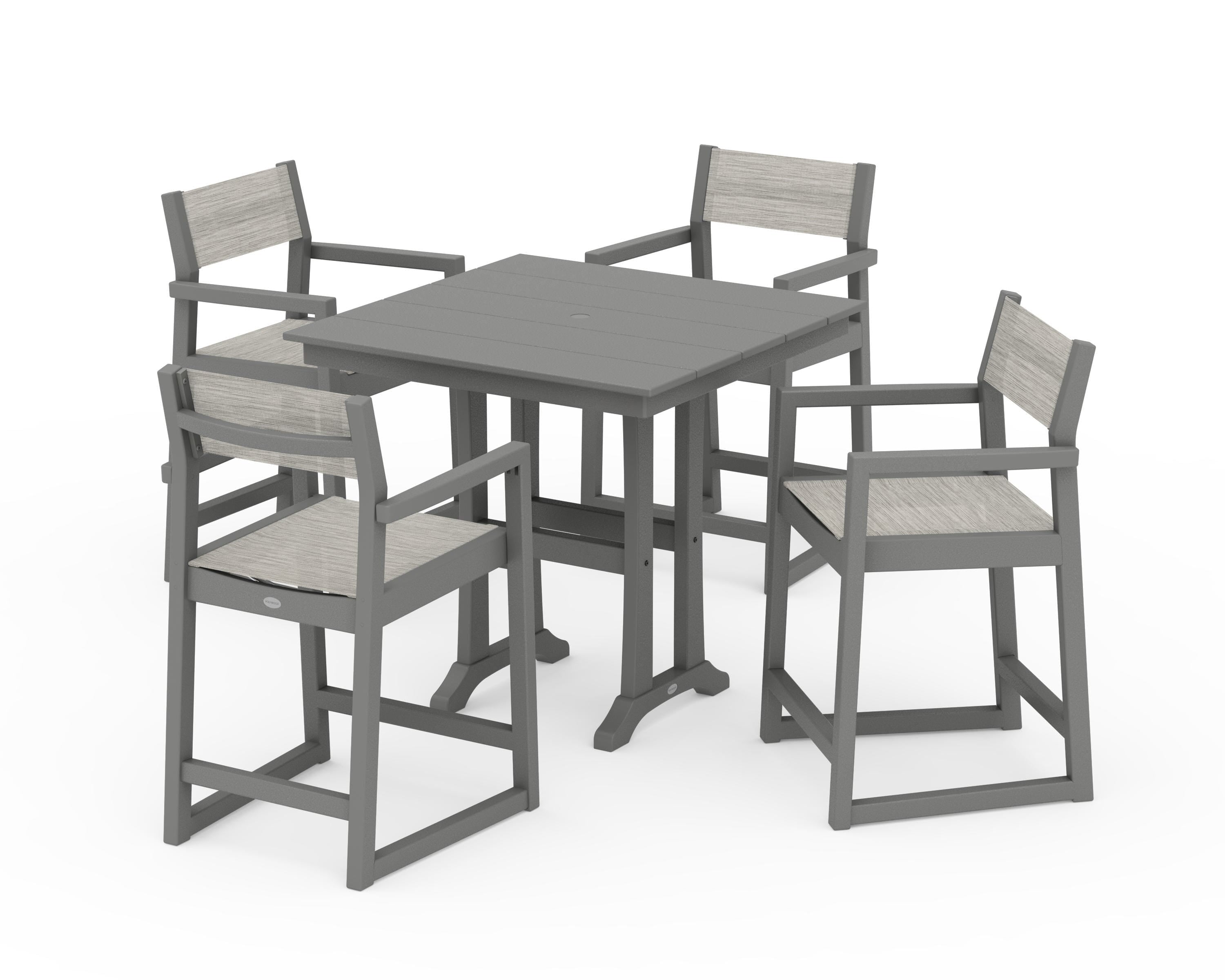 POLYWOOD EDGE Sling Arm Chair 5-Piece Farmhouse Counter Set with Trestle Legs in Slate Grey / Birch Sling
