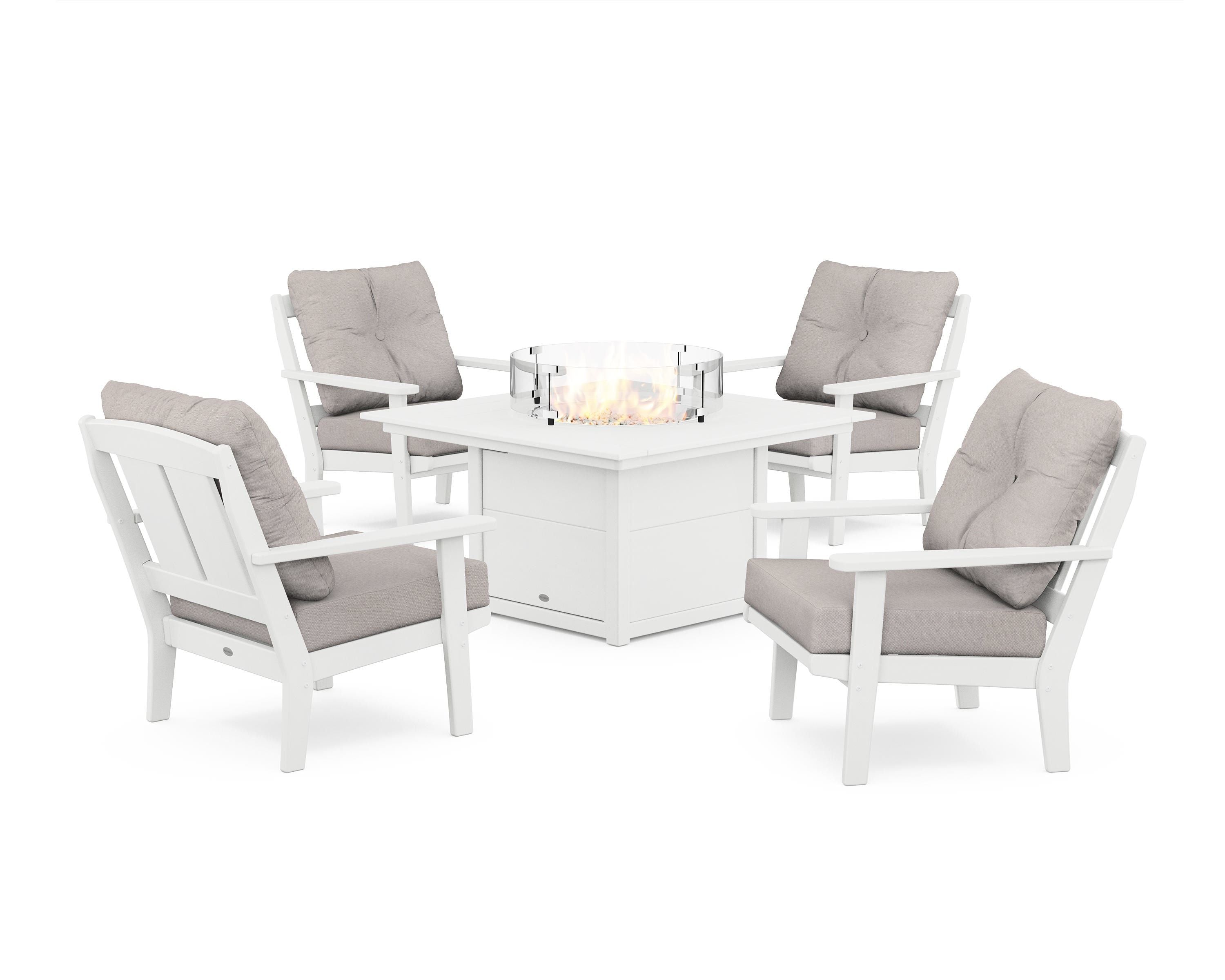 POLYWOOD Mission 5-Piece Deep Seating Set with Fire Pit Table in White / Dune Burlap