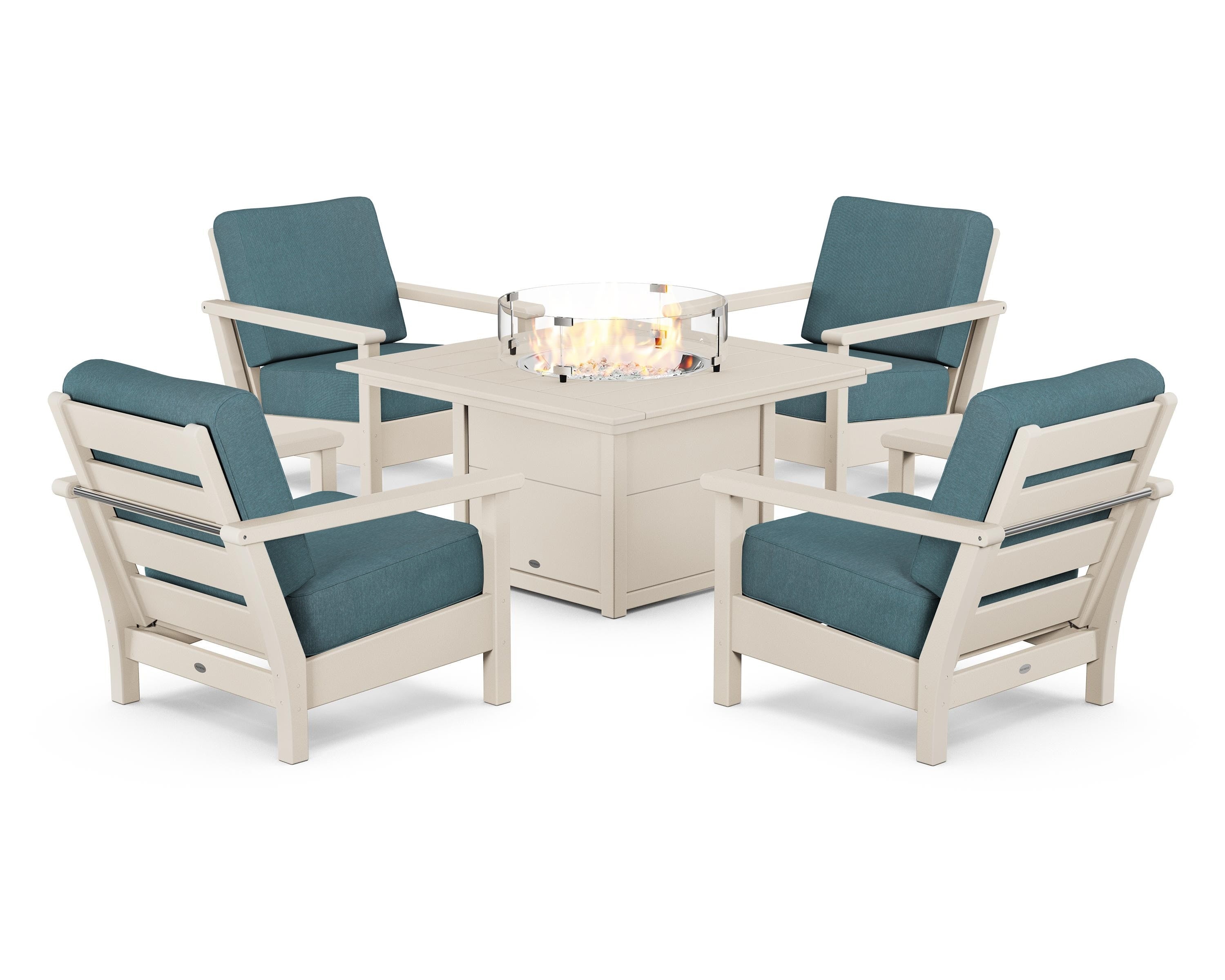 POLYWOOD Harbour 5-Piece Conversation Set with Fire Pit Table in Sand / Ocean Teal