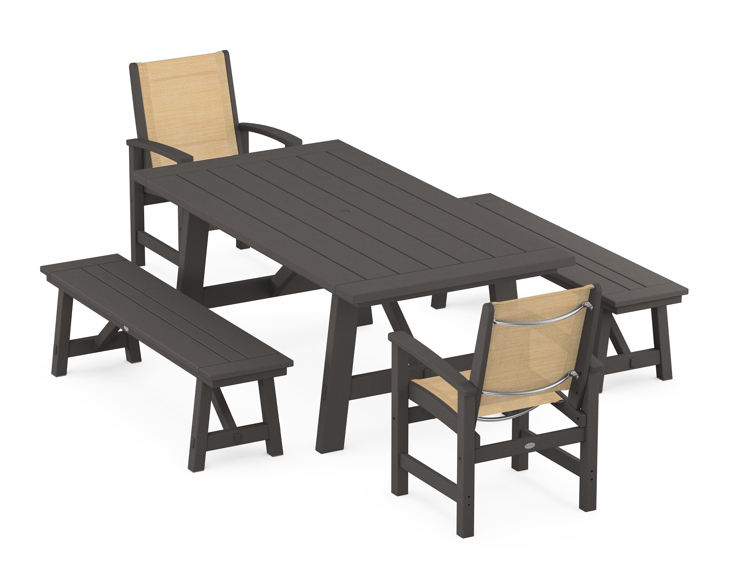 POLYWOOD Coastal 5-Piece Rustic Farmhouse Dining Set With Benches in Vintage Coffee / Dupioni Apricot Sling