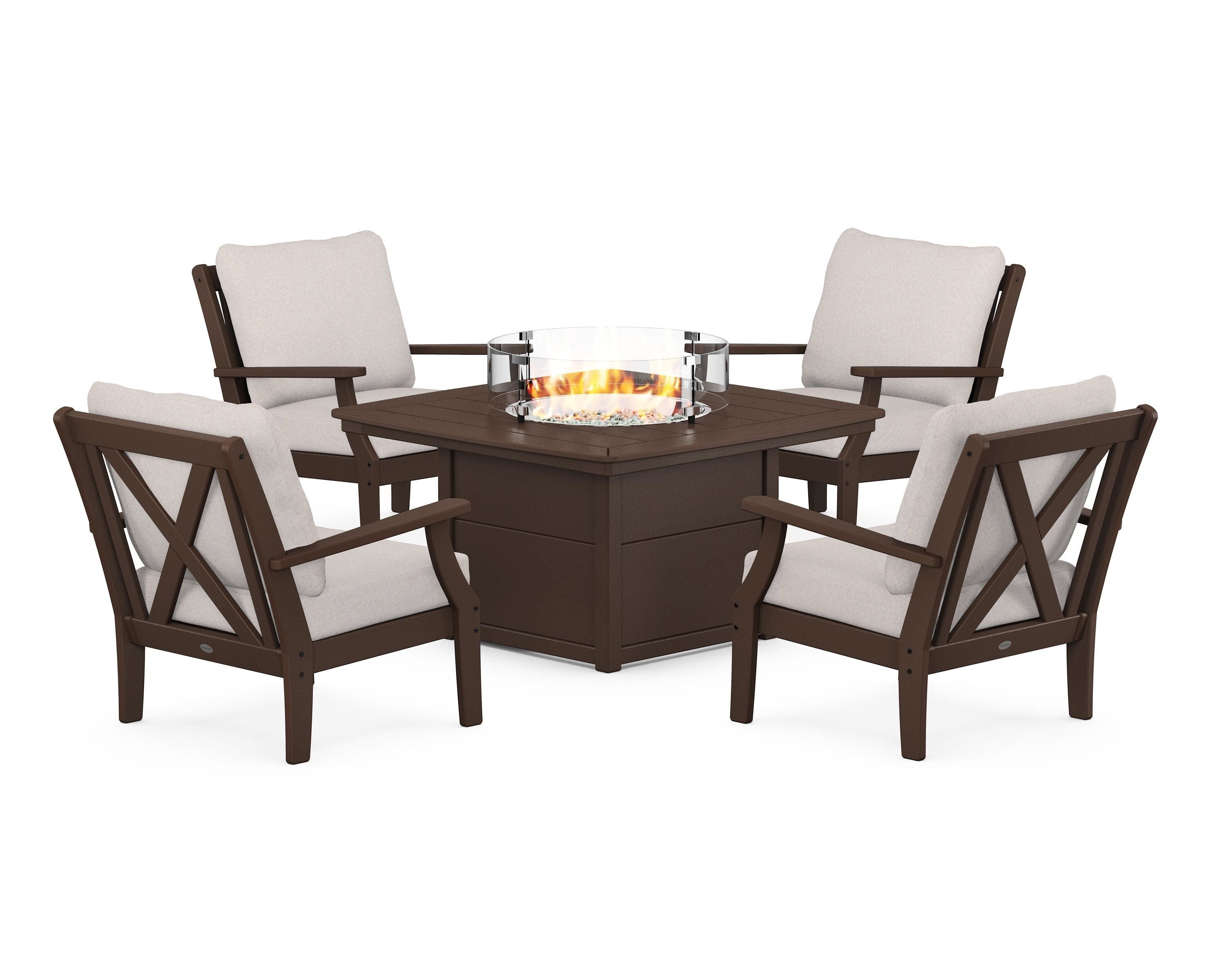 POLYWOOD Braxton 5-Piece Deep Seating Conversation Set with Fire Pit Table in Mahogany / Dune Burlap
