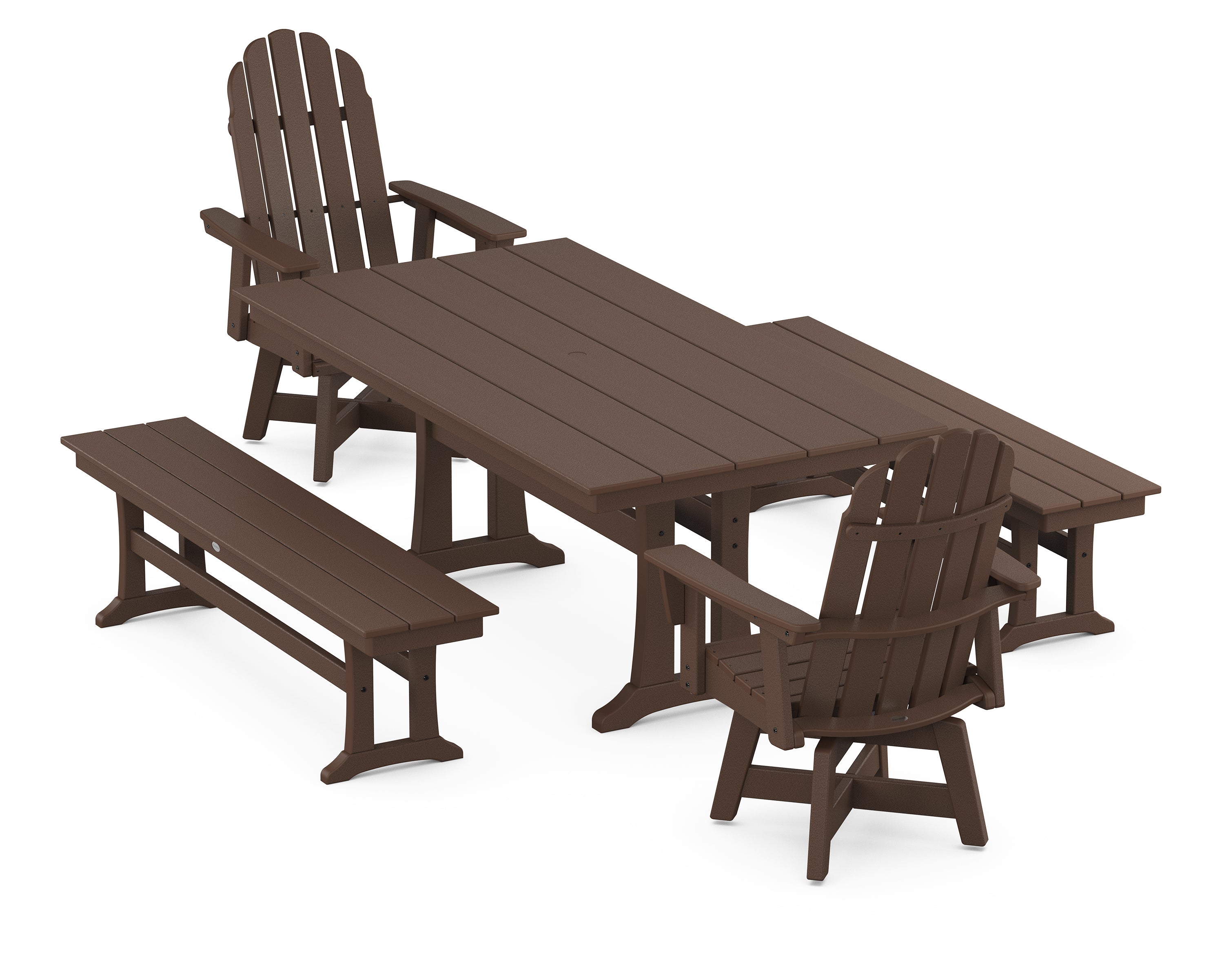 POLYWOOD® Vineyard Curveback Adirondack Swivel Chair 5-Piece Farmhouse Dining Set With Trestle Legs and Benches in Mahogany