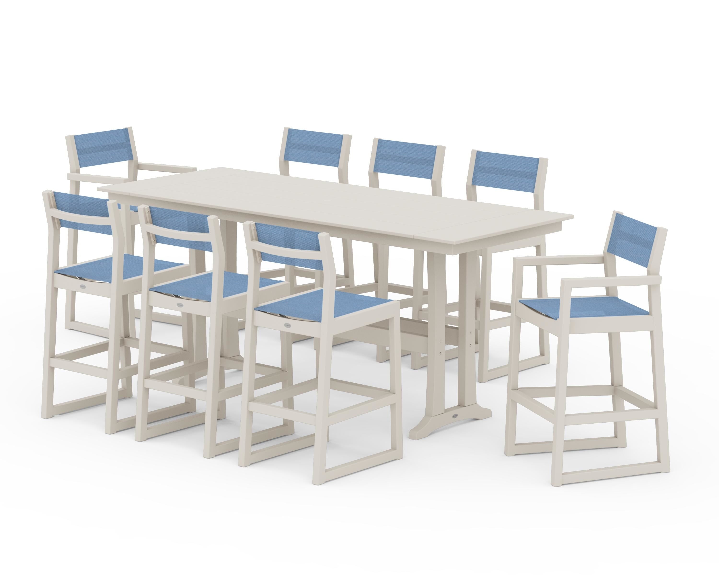 POLYWOOD EDGE Sling 9-Piece Farmhouse Bar Set with Trestle Legs in Sand / Poolside Sling